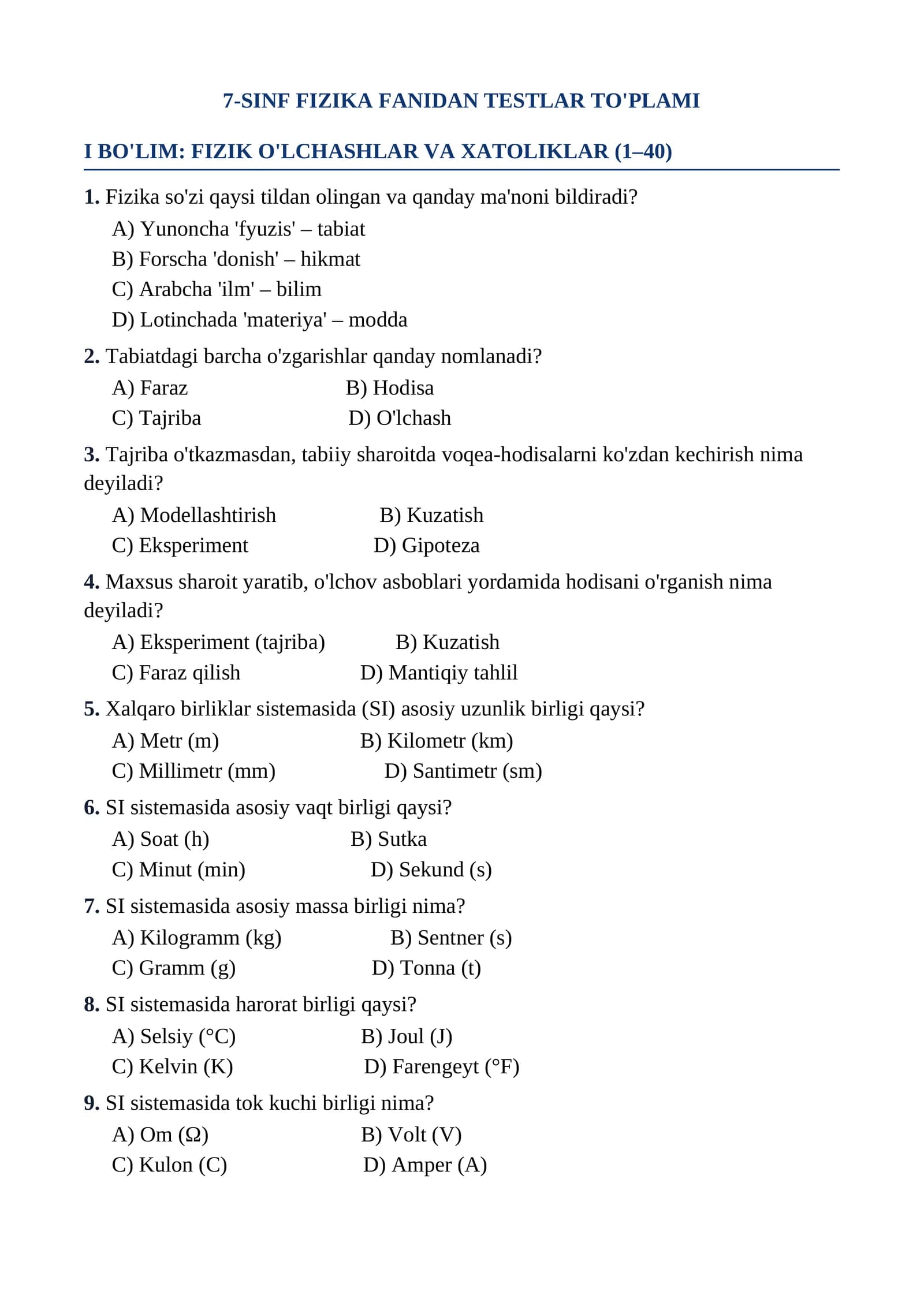 7-SINF FIZIKA FANIDAN TESTLAR TO'PLAMI