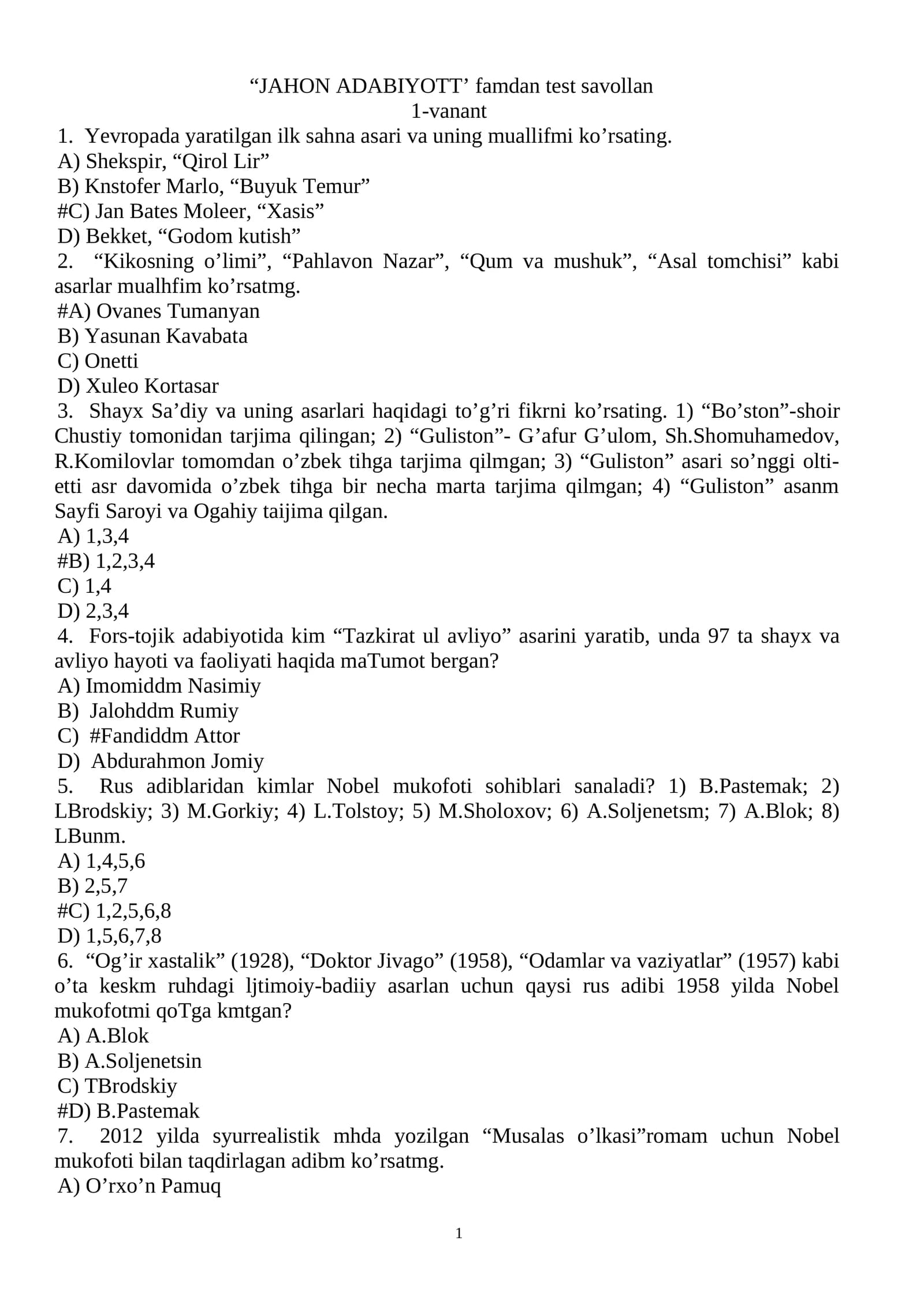 JAHON ADABIYOTT' famdan test savollan