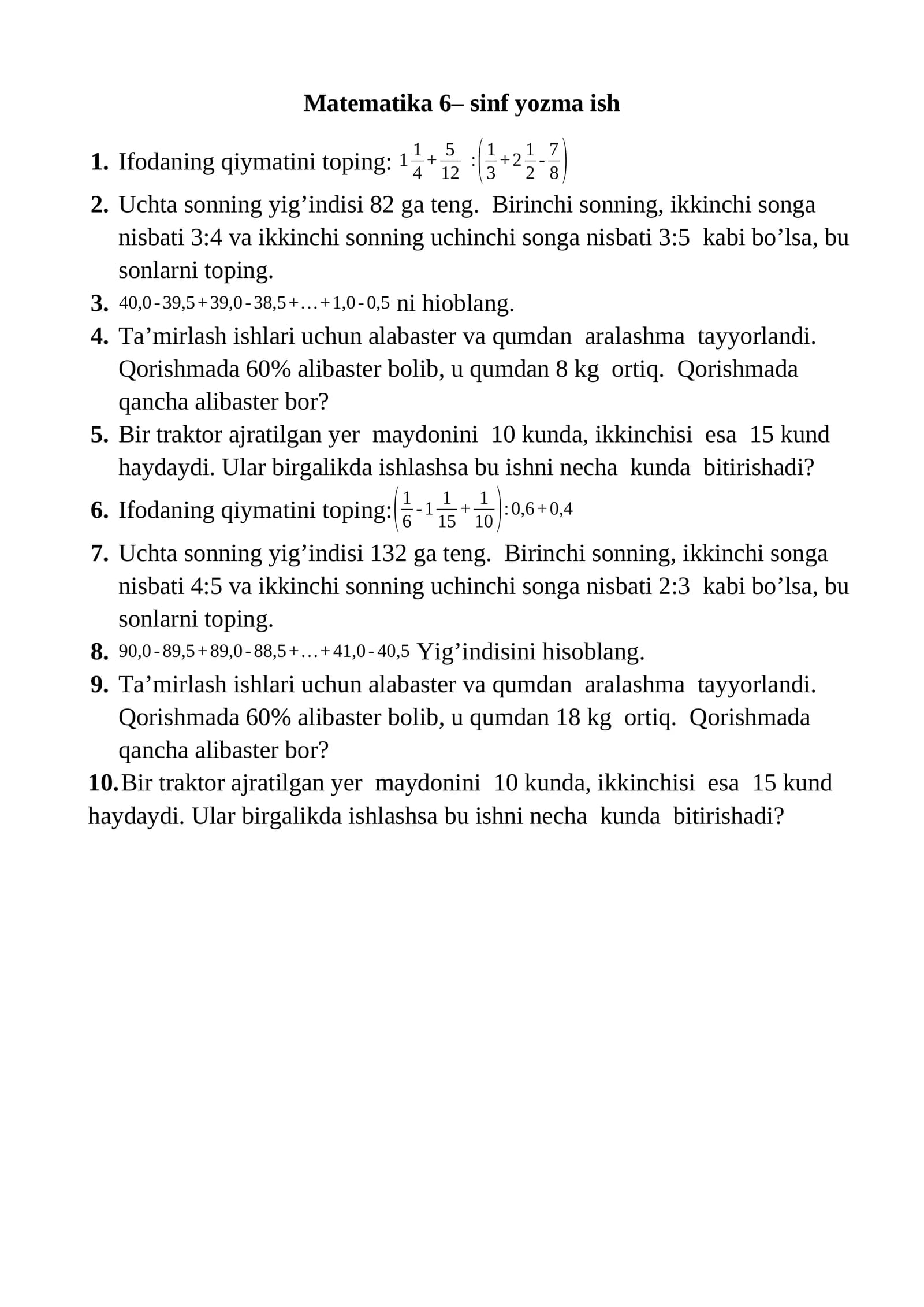 Matematika 6– sinf yozma ish