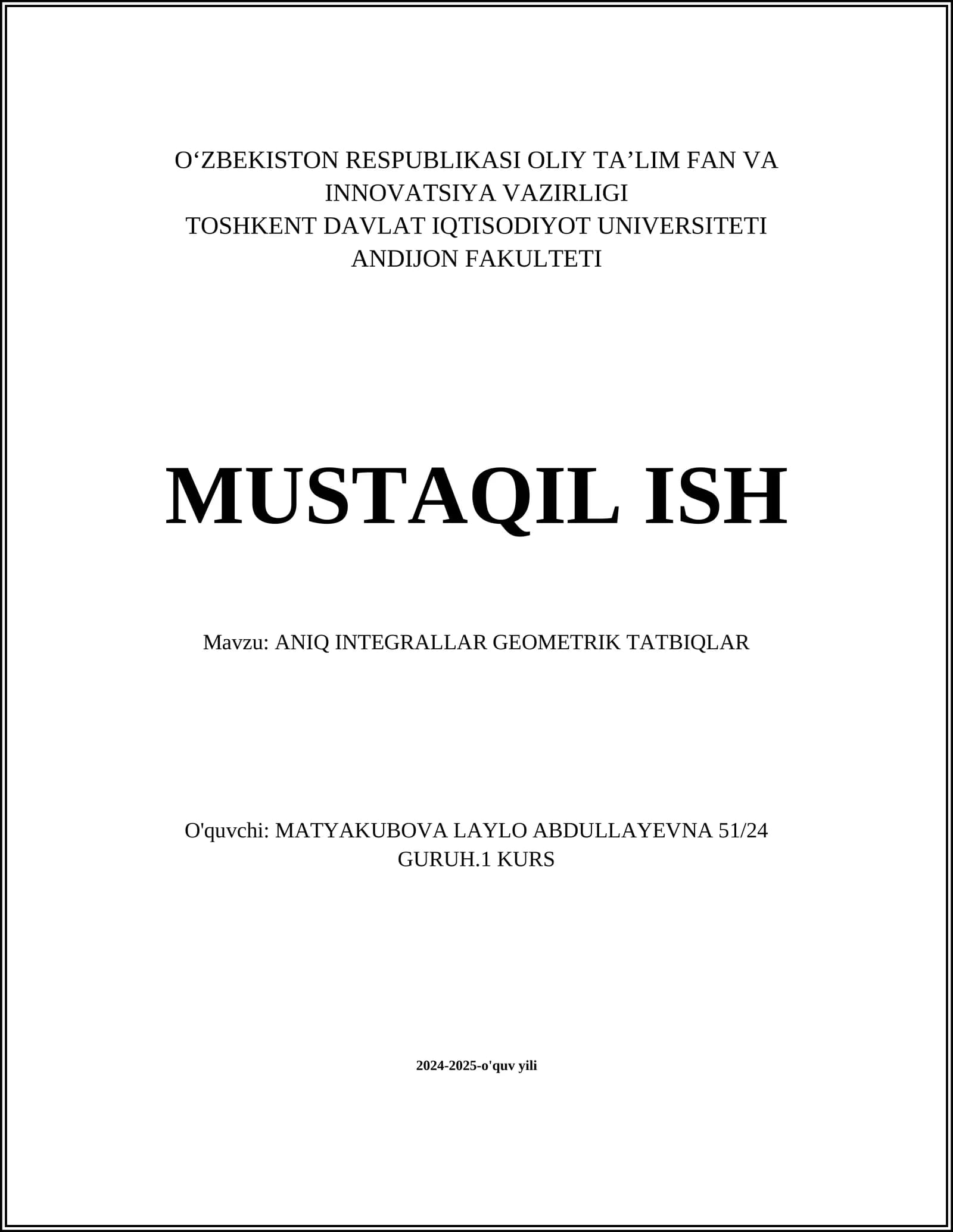 ANIQ INTEGRALLAR GEOMETRIK TATBIQLAR