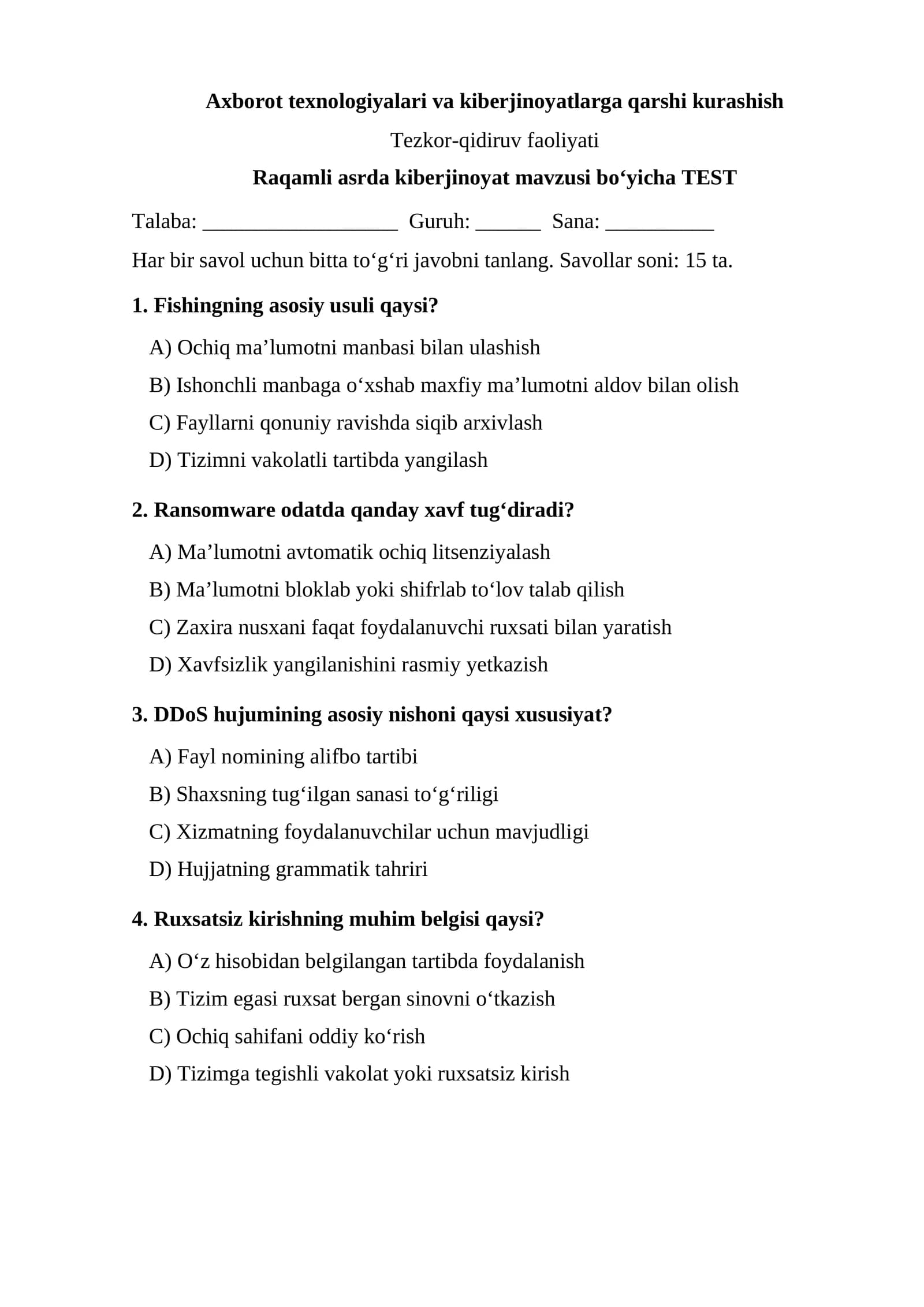 Raqamli asrda kiberjinoyat — TEST.