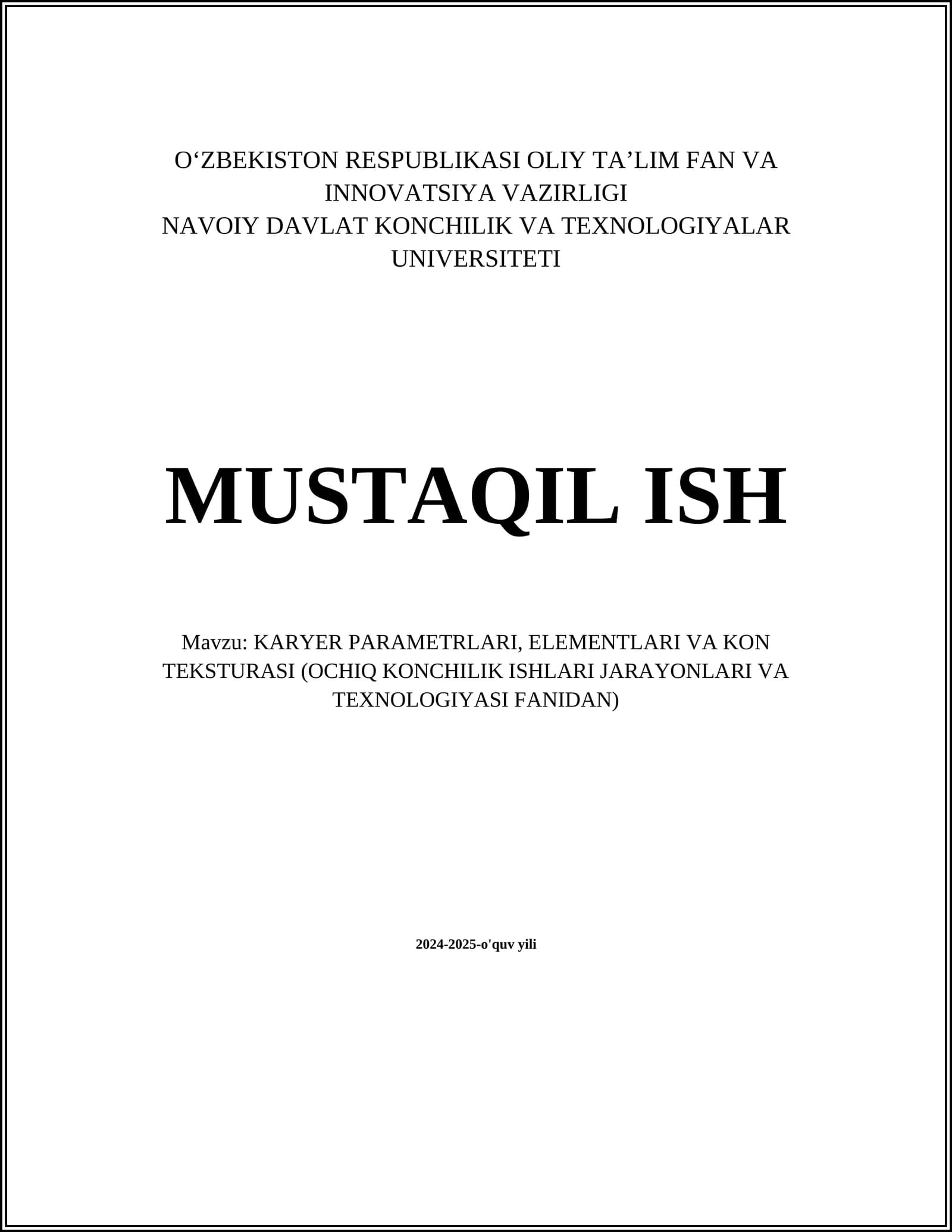 KARYER PARAMETRLARI, ELEMENTLARI VA KON TEKSTURASI (OCHIQ KONCHILIK ISHLARI JARAYONLARI VA TEXNOLOGIYASI FANIDAN)