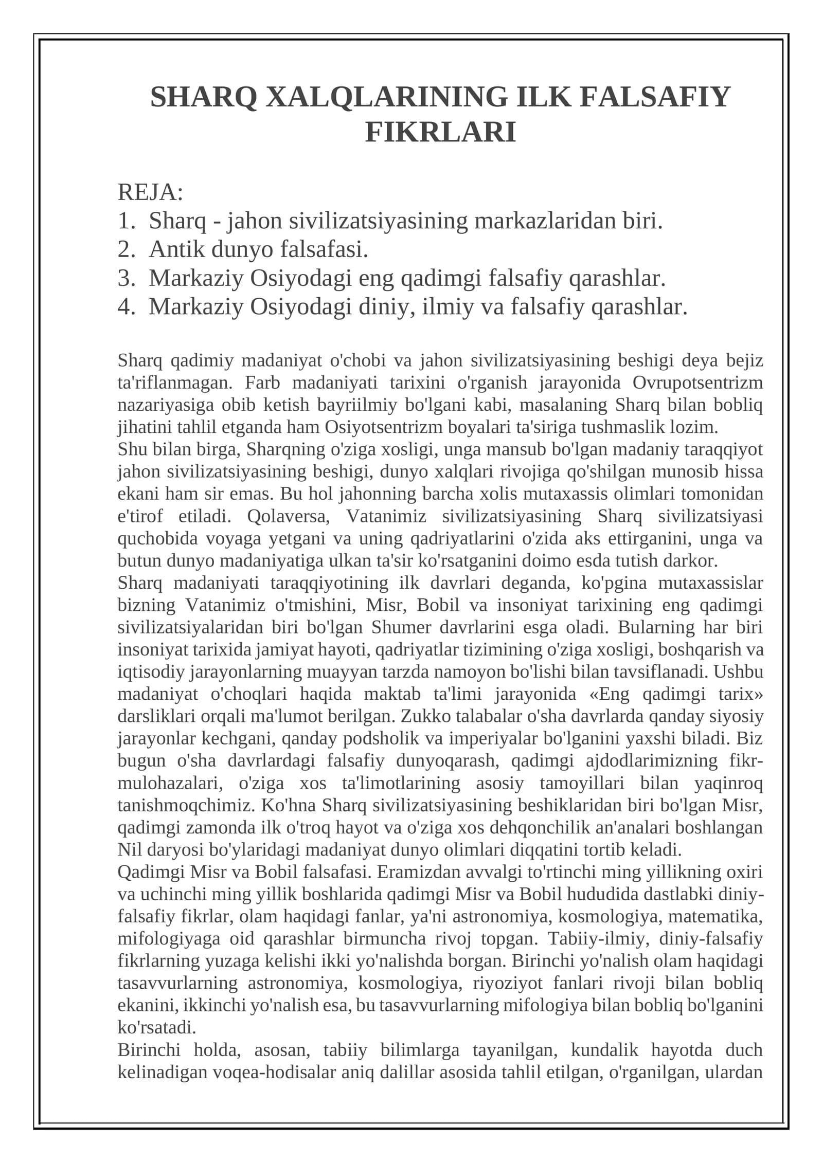 Sharq Xalqlarining Ilk Falsafiy Fikrlari
