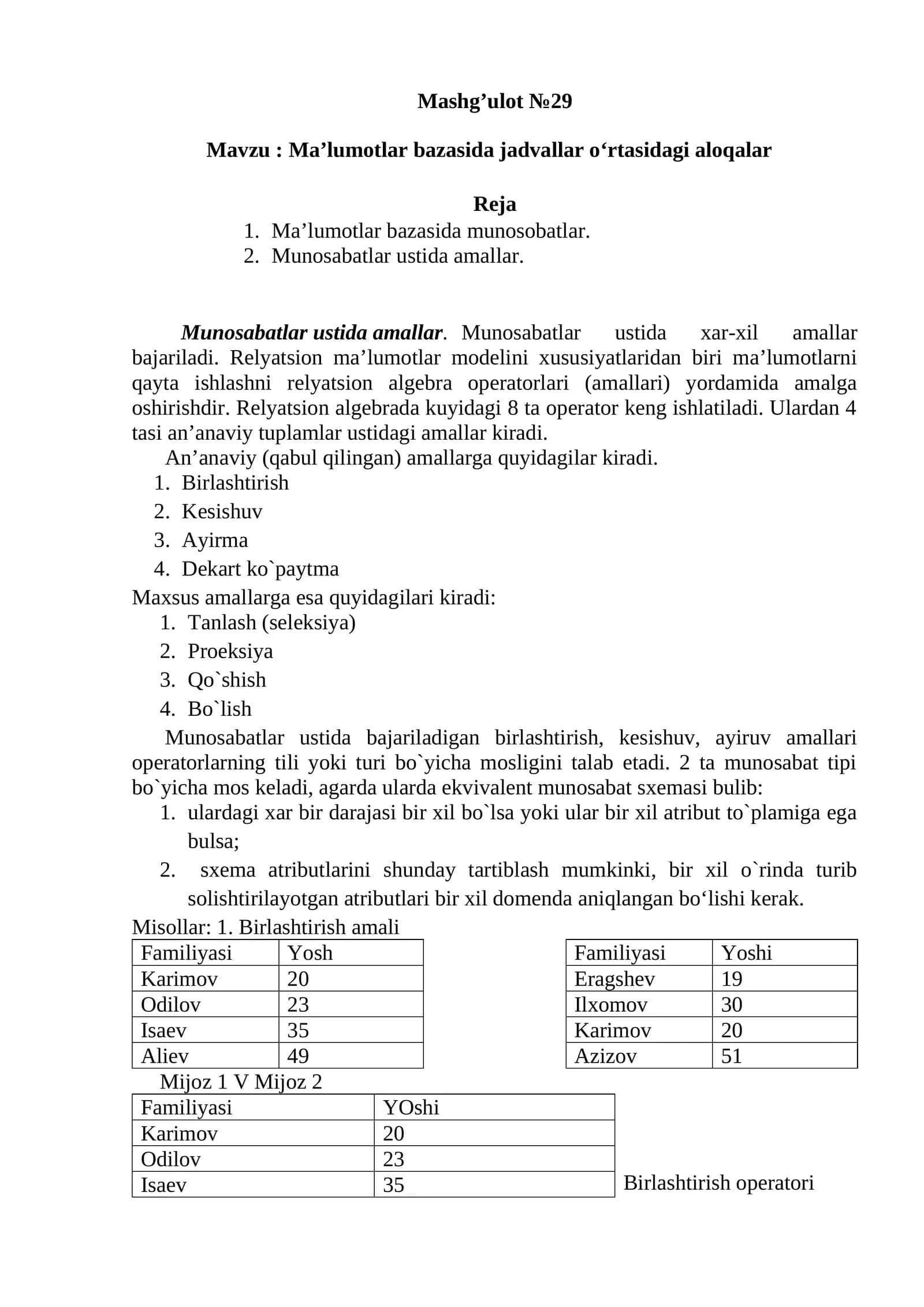 Malumotlar nazasida jadvallar bilan ishlash