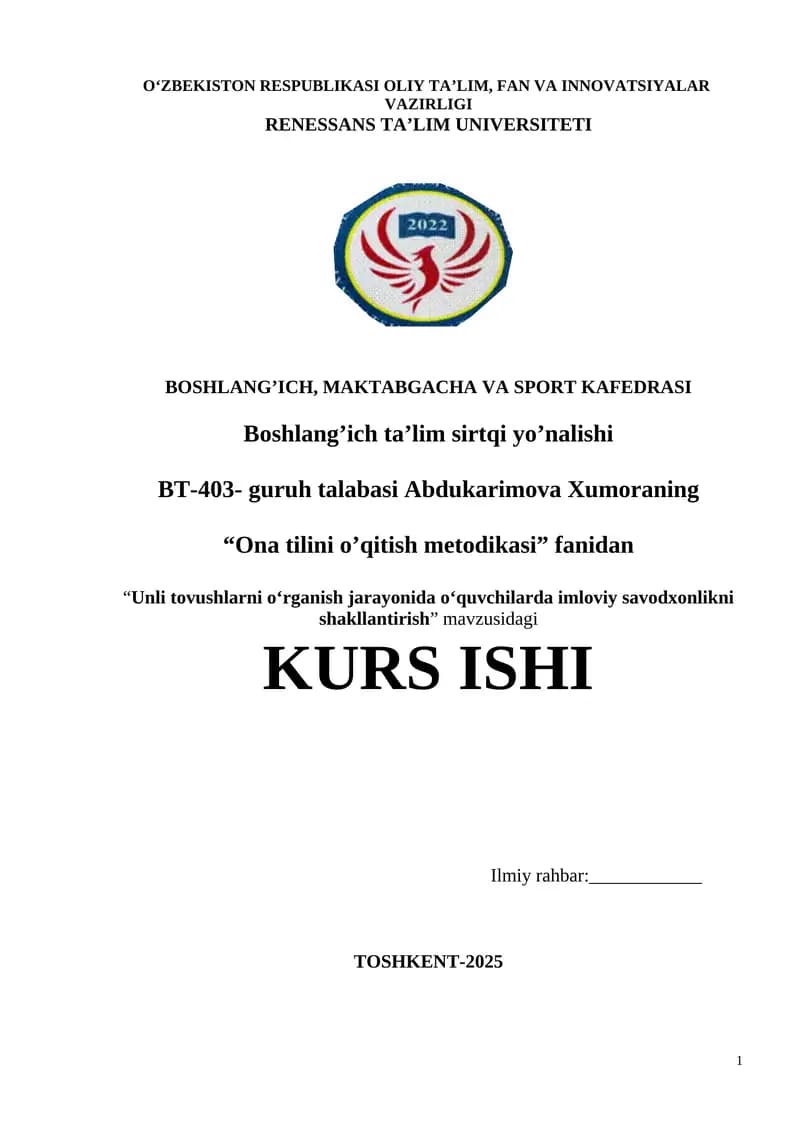 "Ona tilini o’qitish metodikasi"