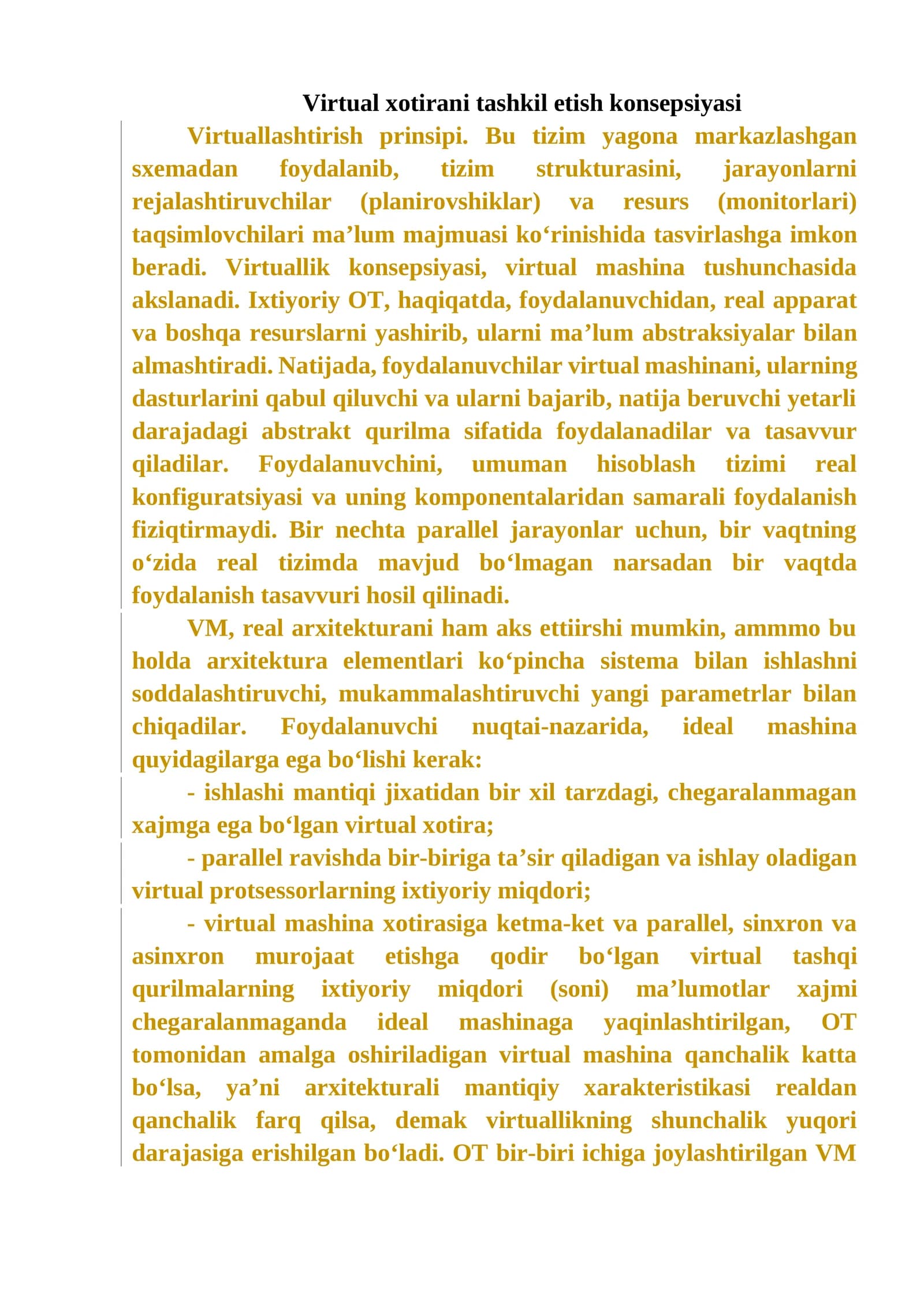 Virtual xotirani tashkil etish konsepsiyasi