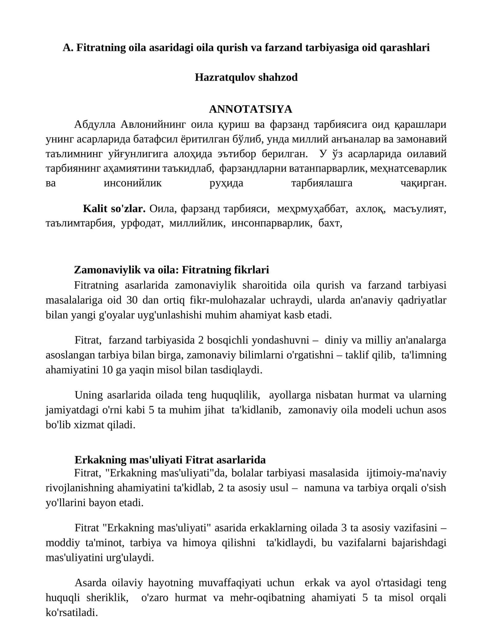 Fitratning oila asaridagi oila qurish va farzand tarbiyasiga oid qarashlari