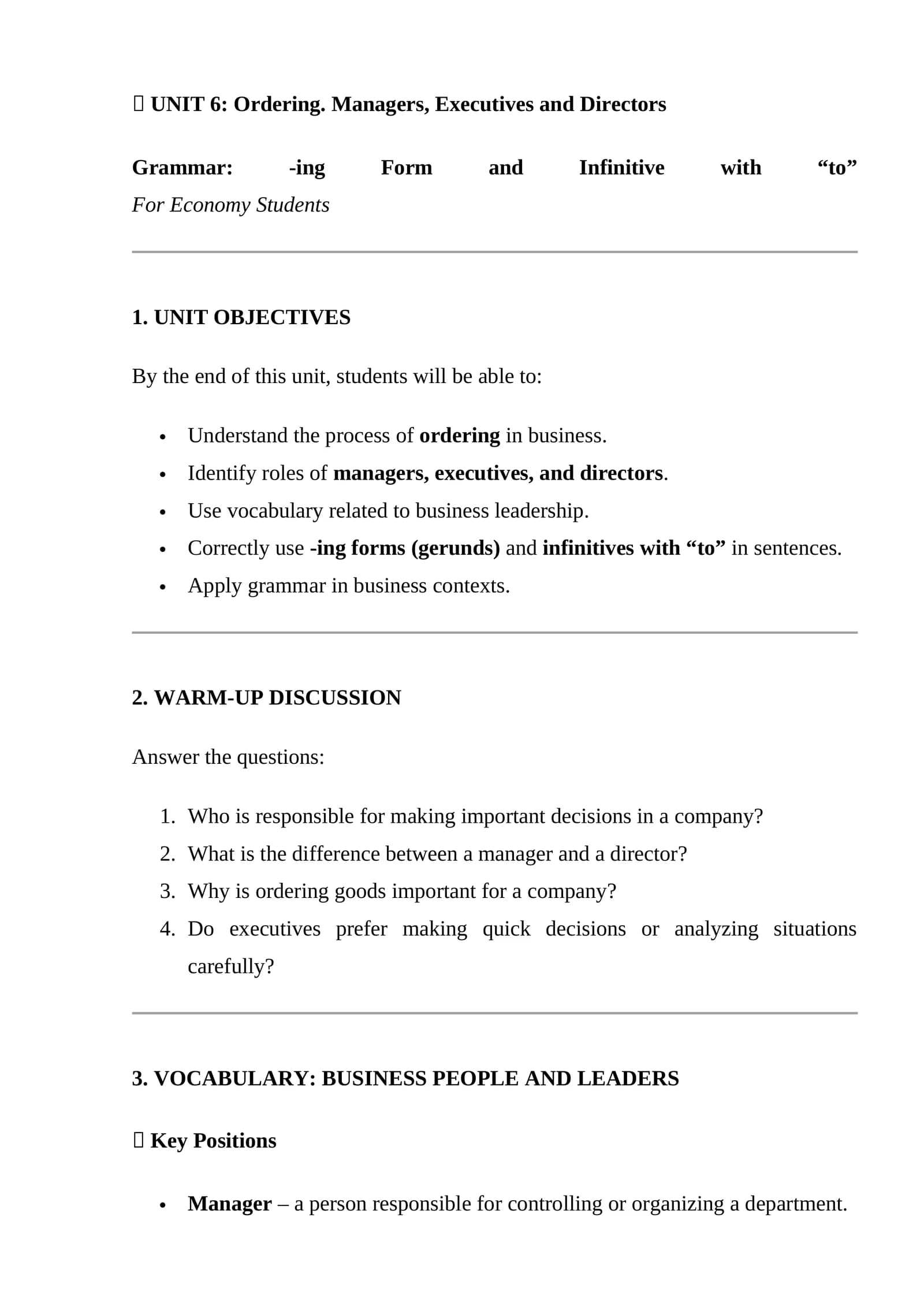 UNIT 6: Ordering. Managers, Executives and Directors