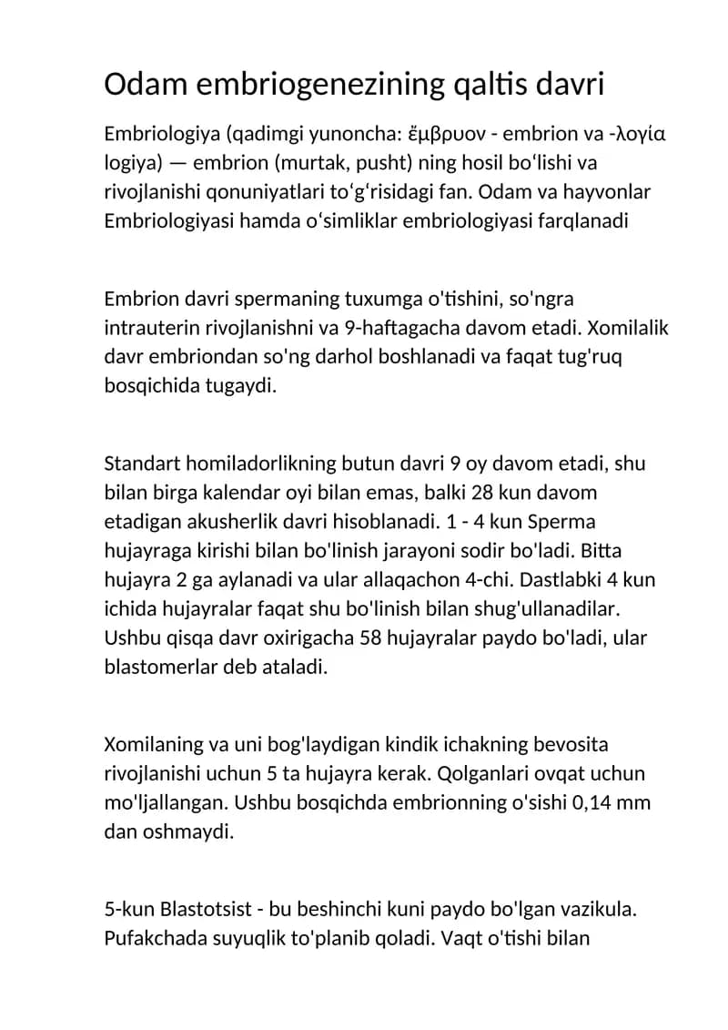 Odam embriogenezining qaltis davri