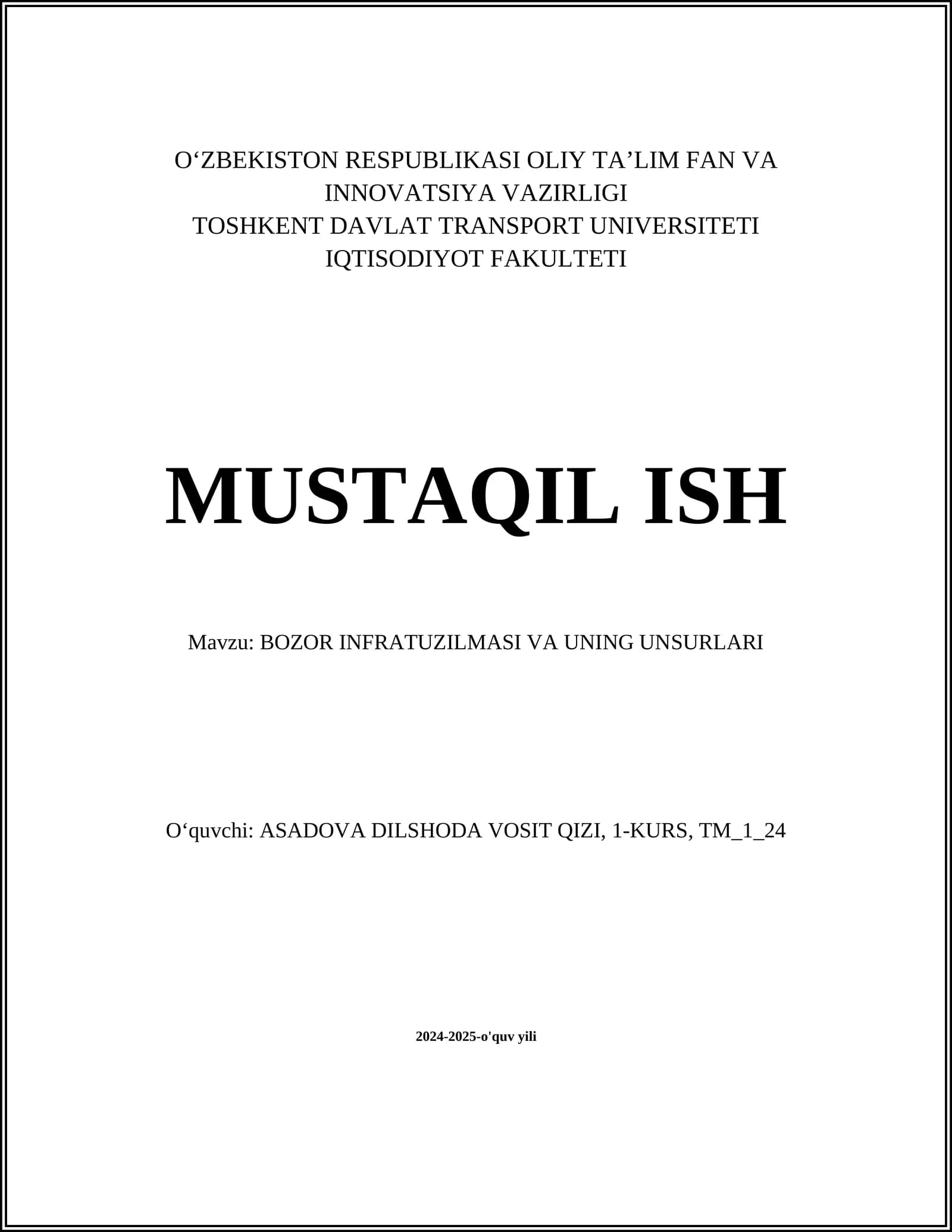 BOZOR INFRATUZILMASI VA UNING UNSURLARI