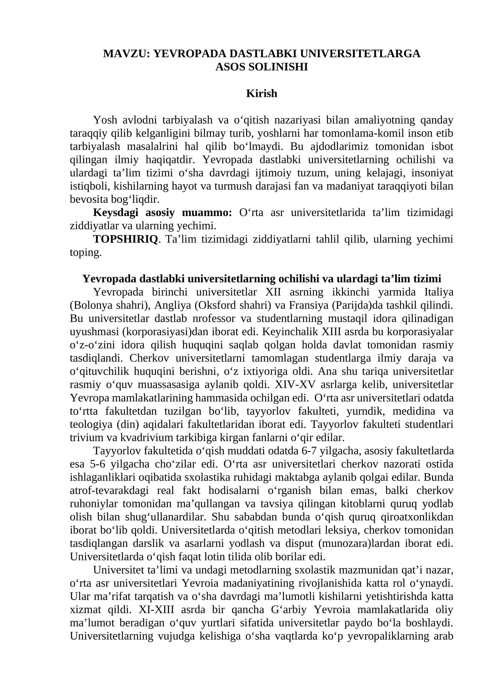 YEVROPADA DASTLABKI UNIVERSITETLARGA ASOS SOLINISHI
