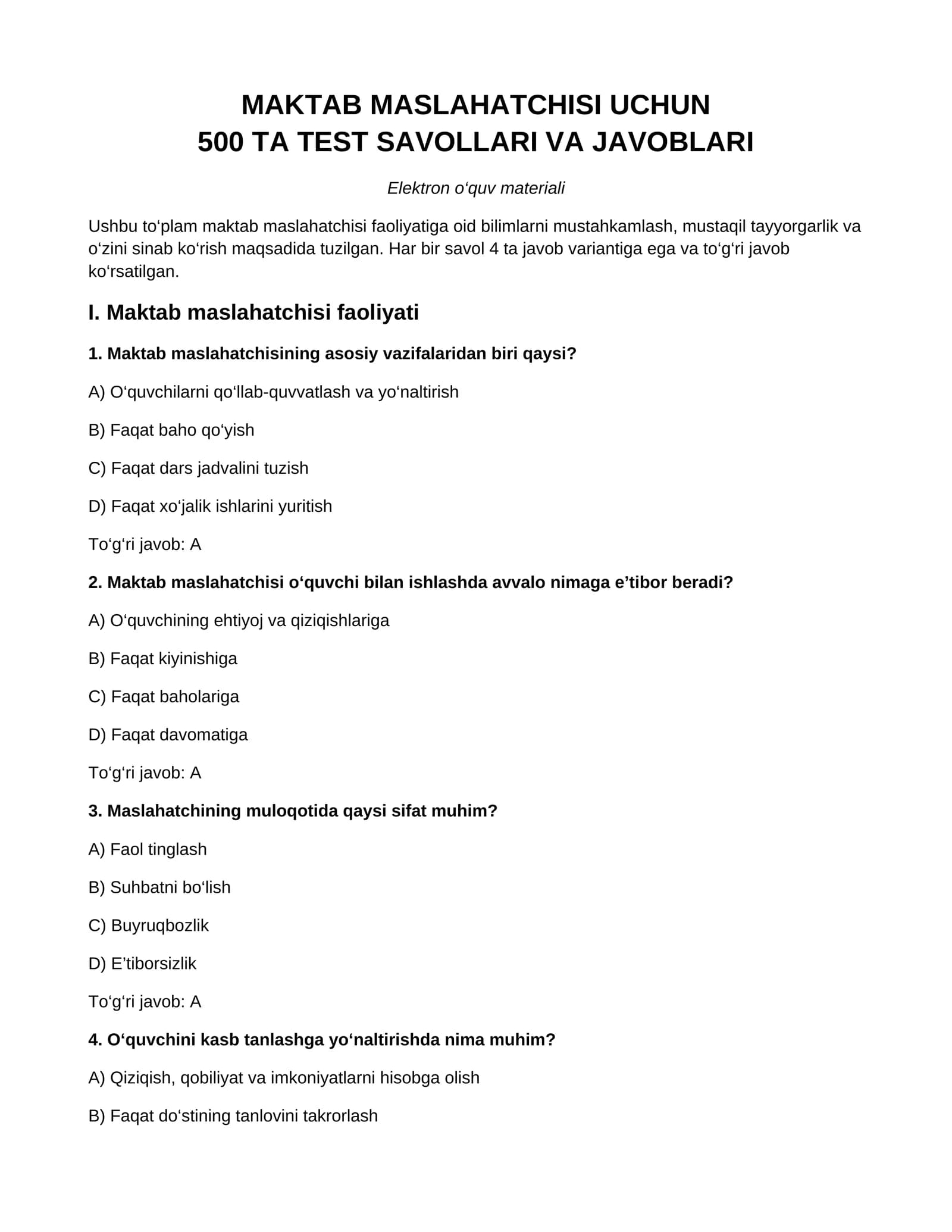 Maktab maslahatchisi uchun 500 ta test savollari va javoblari