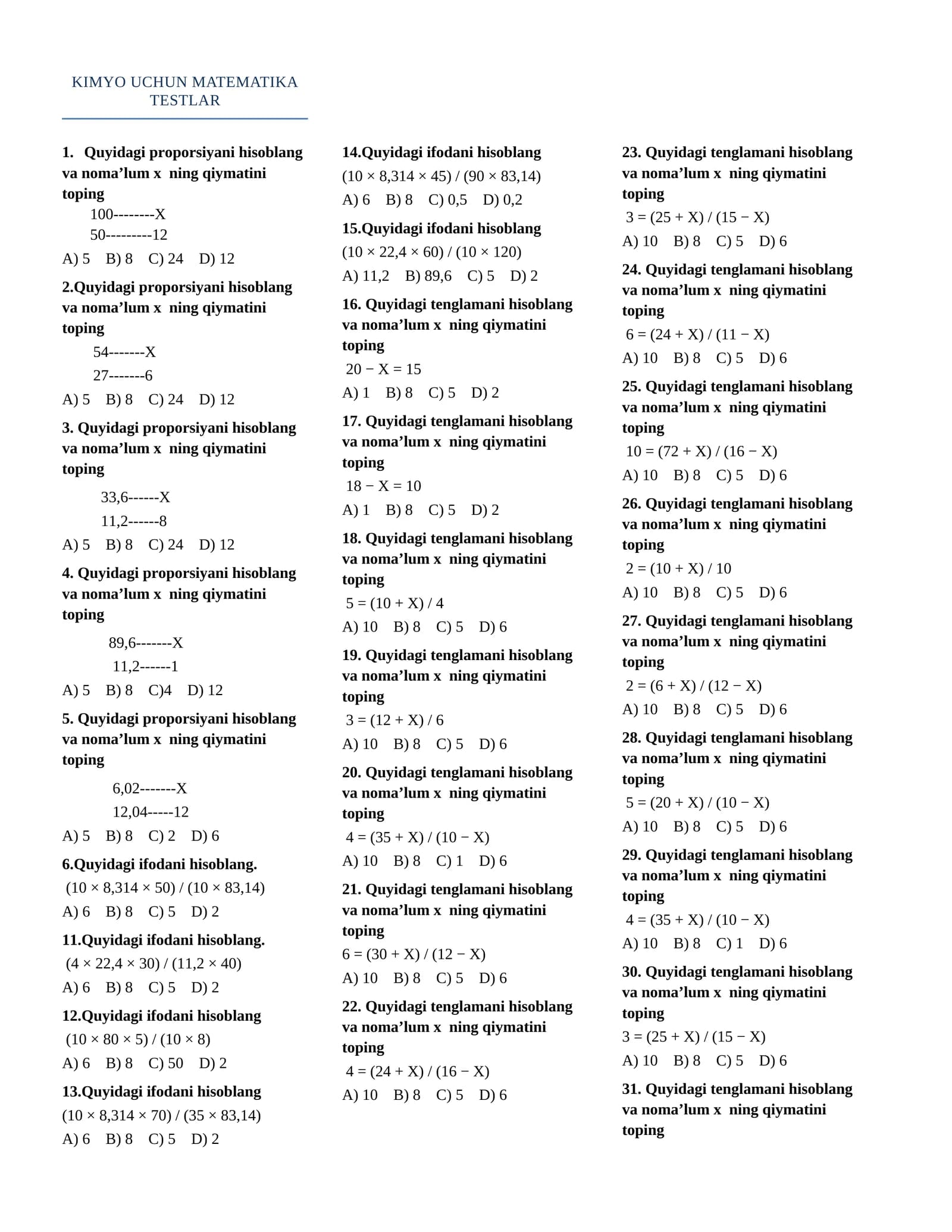 kimyo uchun matematika 50 ta test.