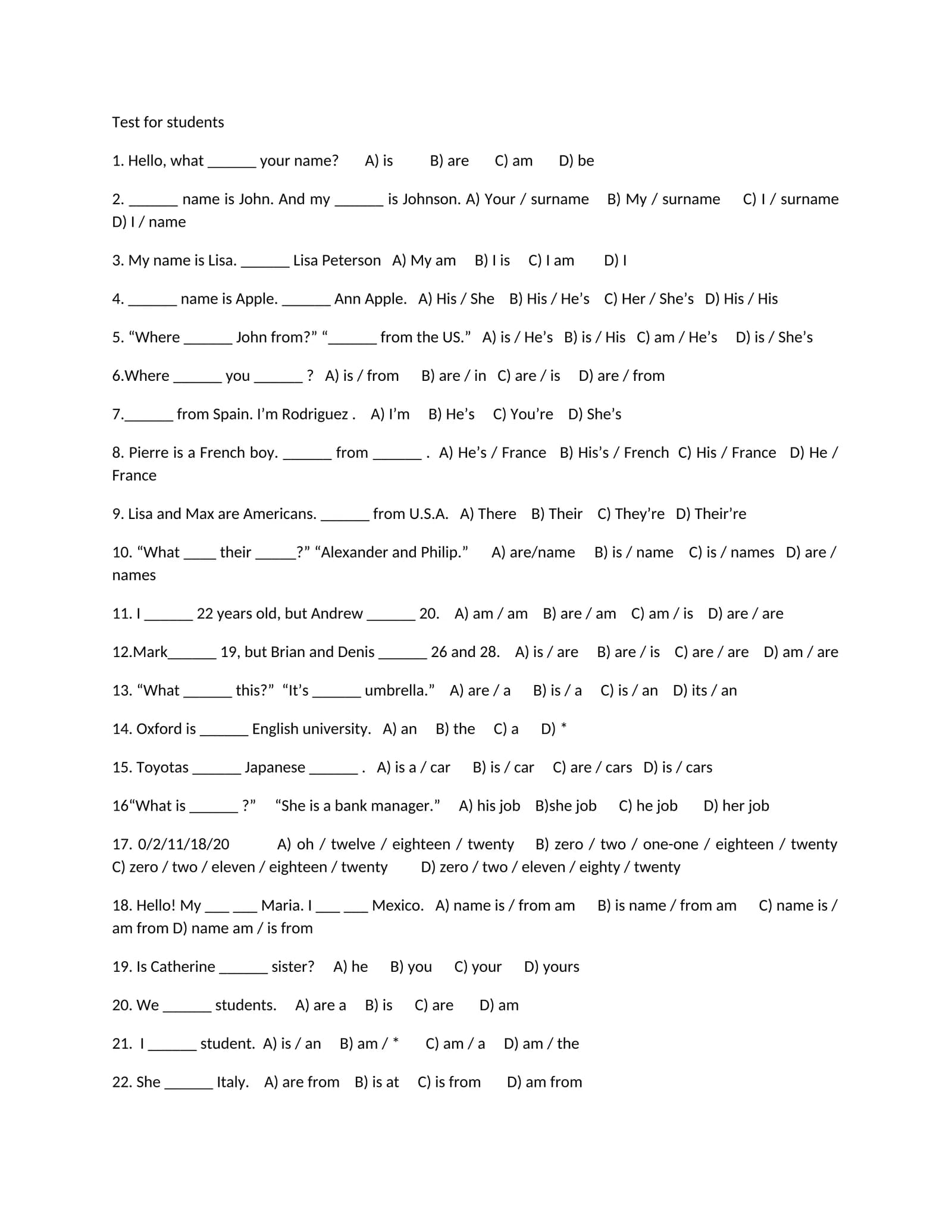 Test for students