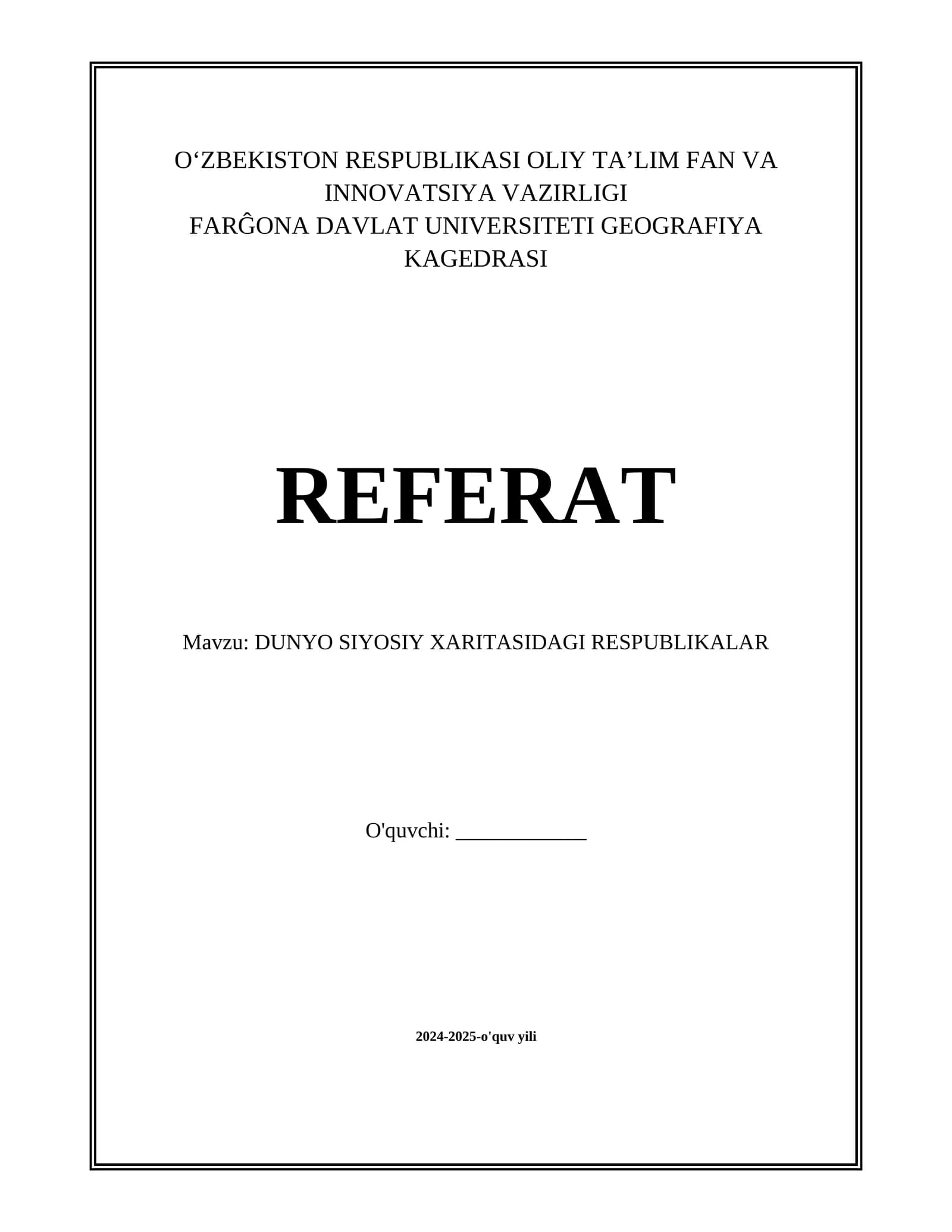 DUNYO SIYOSIY XARITASIDAGI RESPUBLIKALAR