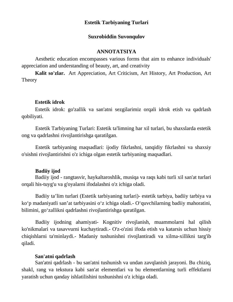 Estetik Tarbiyaning Turlari