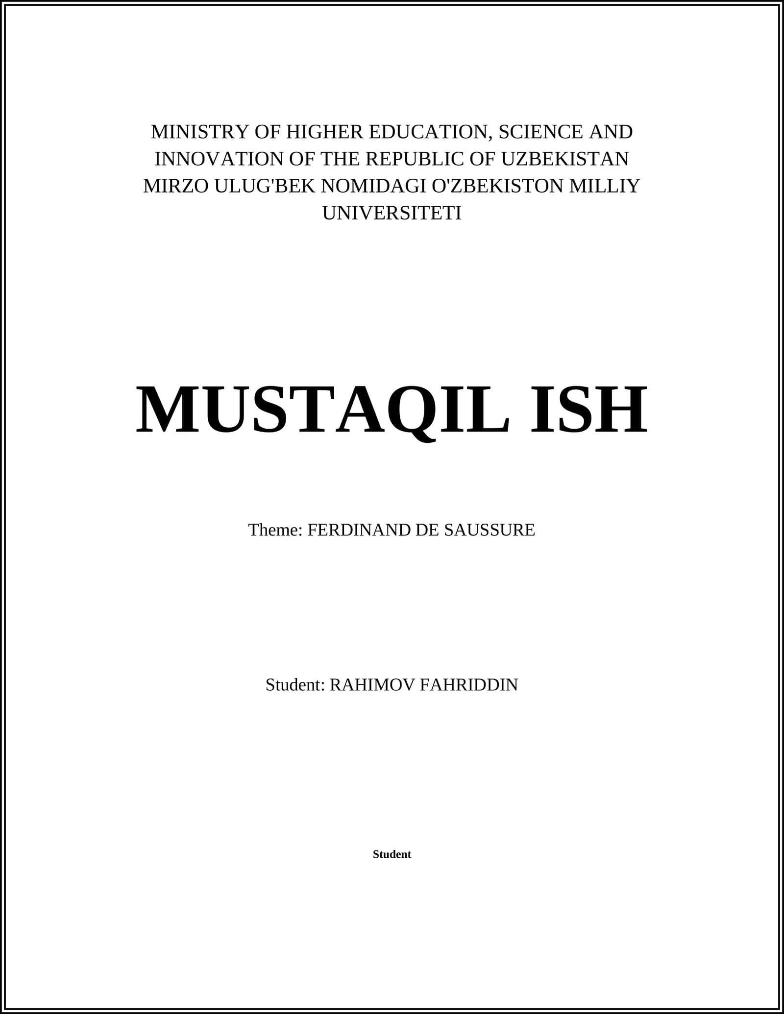 MUSTAQIL ISH Theme: FERDINAND DE SAUSSURE