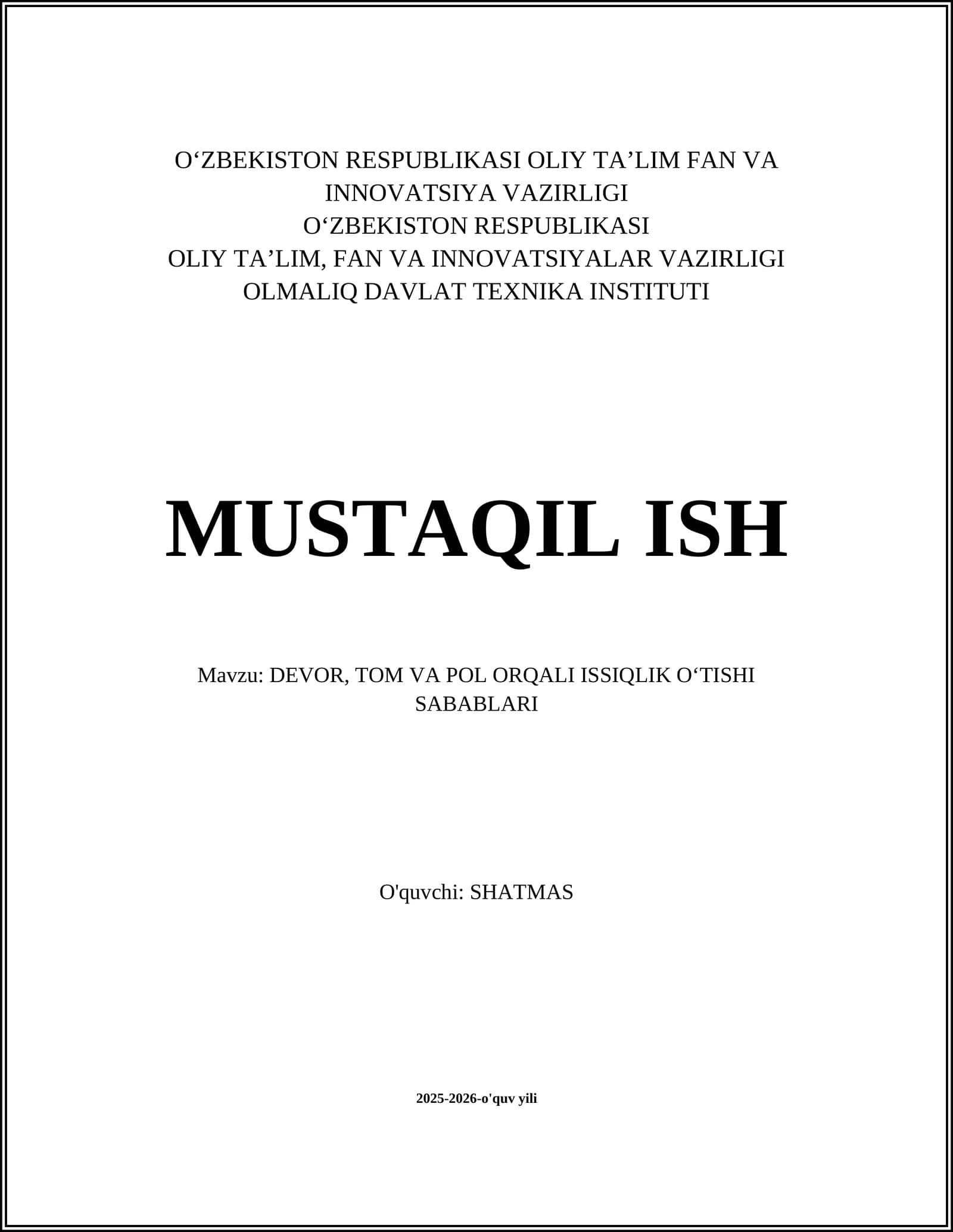 DEVOR, TOM VA POL ORQALI ISSIQLIK O‘TISHI SABABLARI