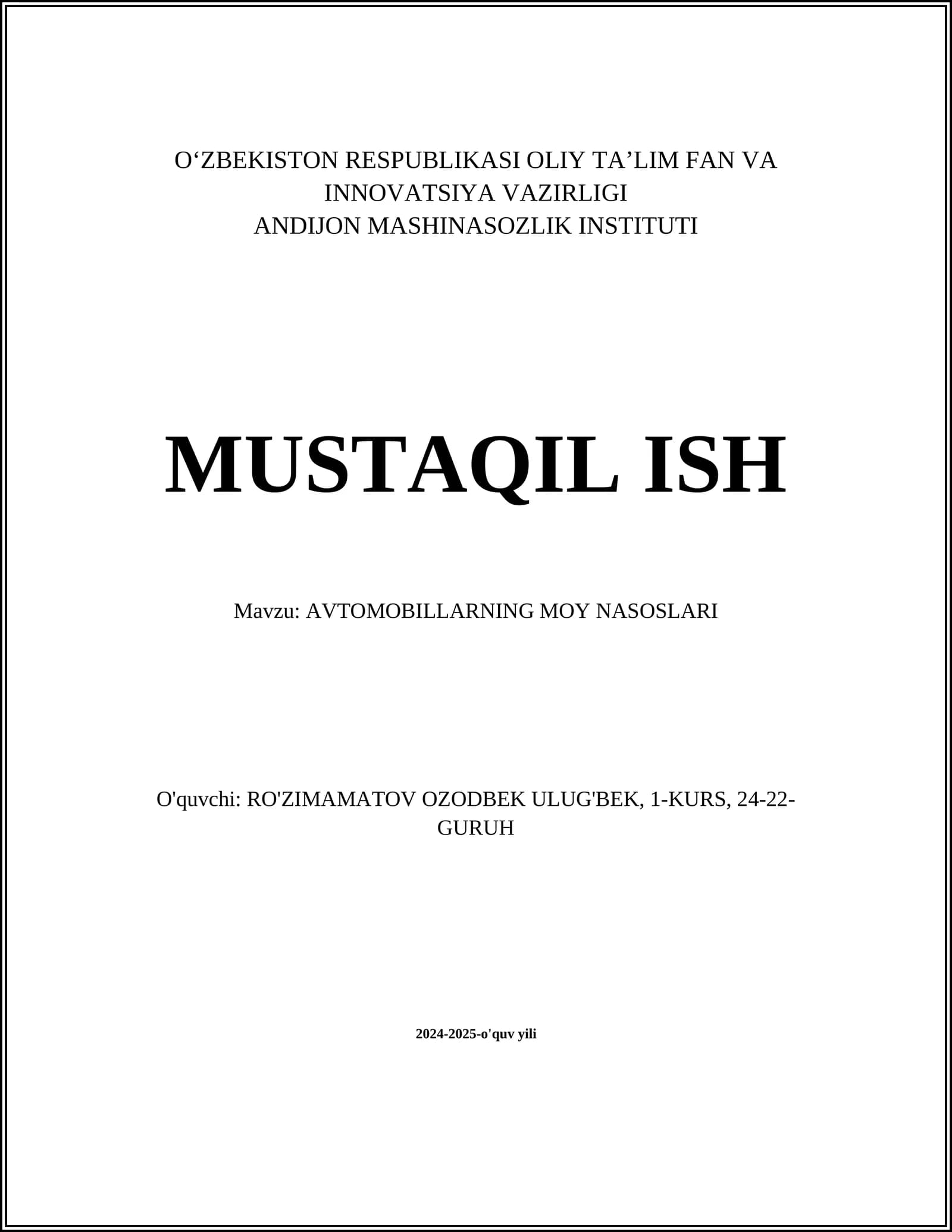 AVTOMOBILLARNING MOY NASOSLARI