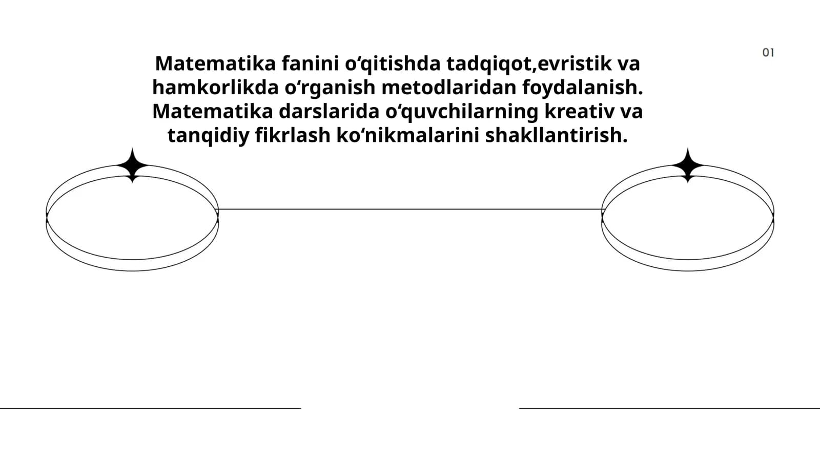 Matematika fanini o‘qitishda tadqiqot,evristik va hamkorlikda o‘rganish metodlaridan foydalanish. Matematika darslarida o‘quvchilarning kreativ va tanqidiy fikrlash ko‘nikmalarini shakllantirish