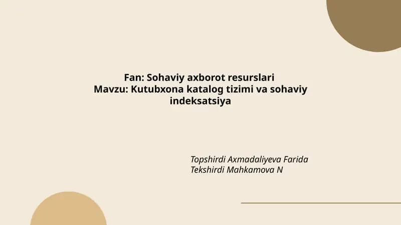 Kutubxona katalog tizimi va sohaviy indeksatsiya