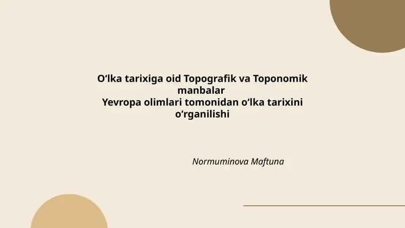 Oʻlka tarixiga oid Topografik va Toponomik manbalar