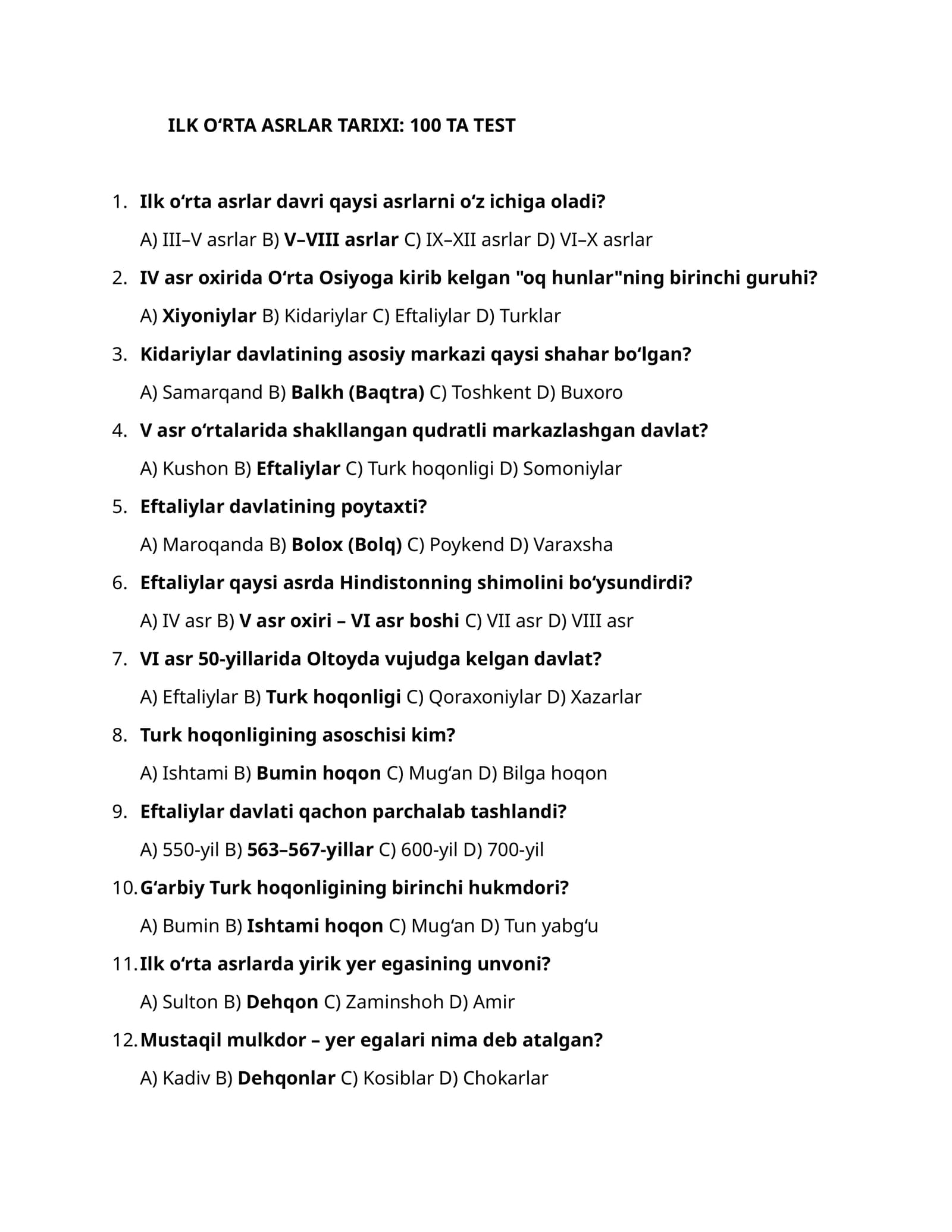 ILK O‘RTA ASRLAR TARIXI: 100 TA TEST