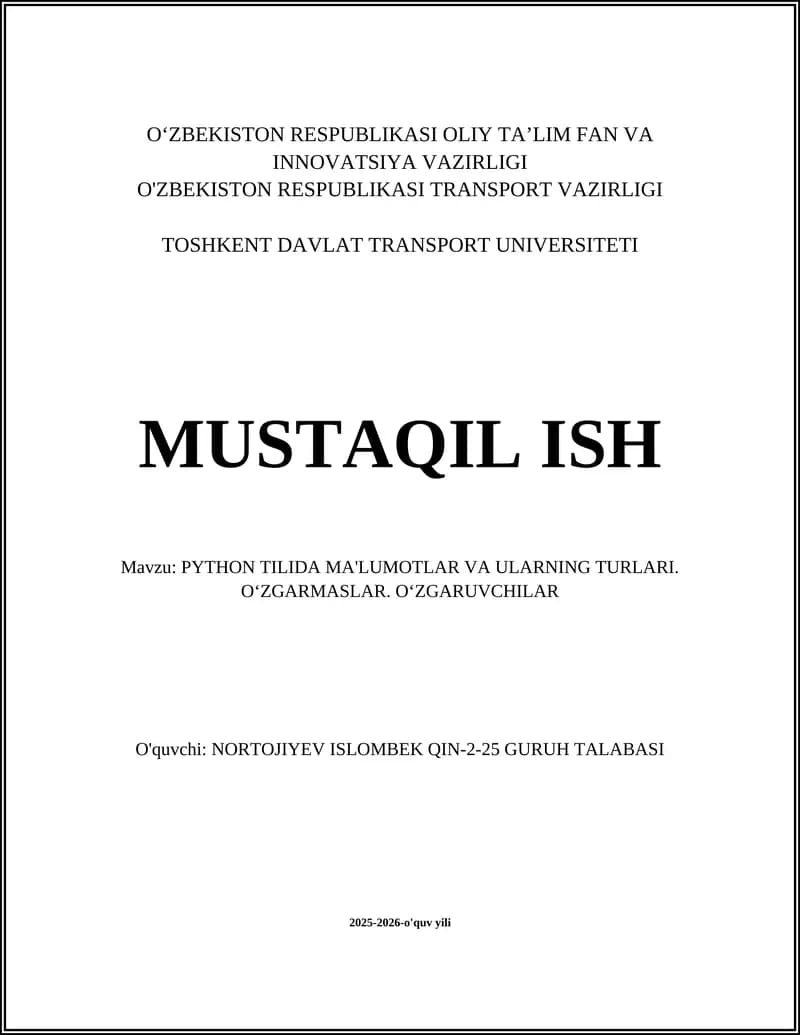PYTHON TILIDA MA'LUMOTLAR VA ULARNING TURLARI