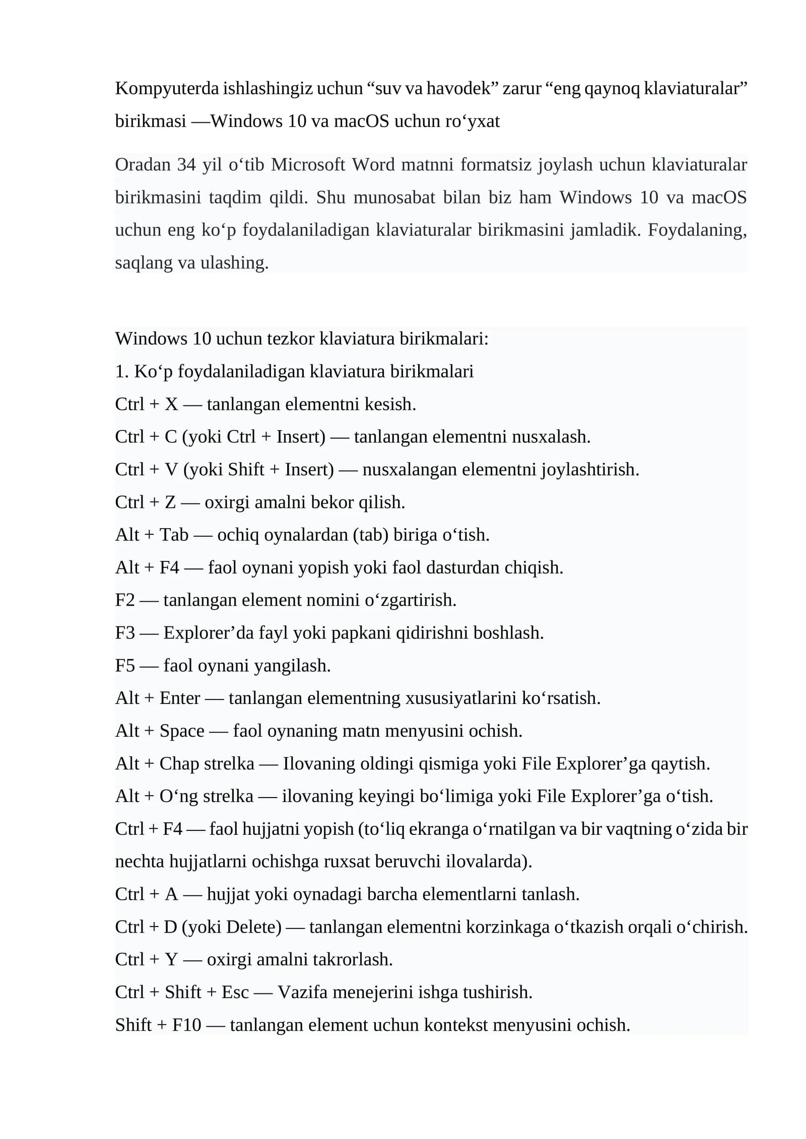 Windows 10 va macOS uchun eng koʻp foydalaniladigan klaviaturalar birikmasi