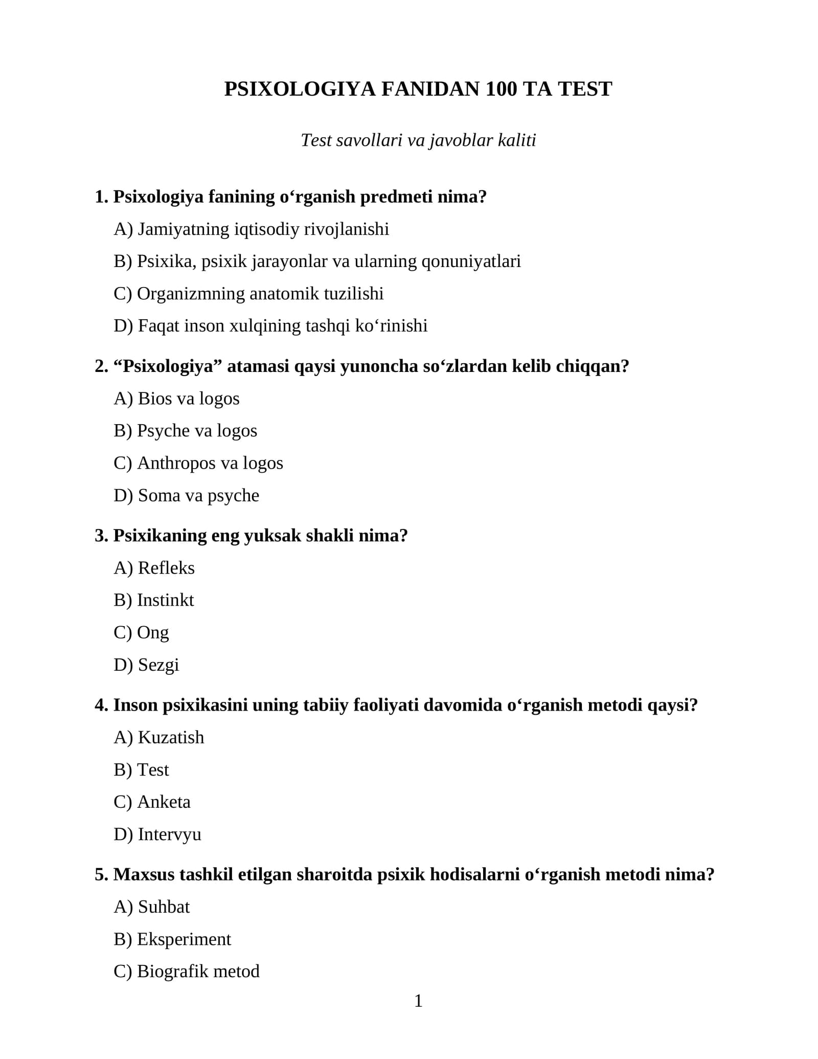 PSIXOLOGIYA FANIDAN 100 TA TEST