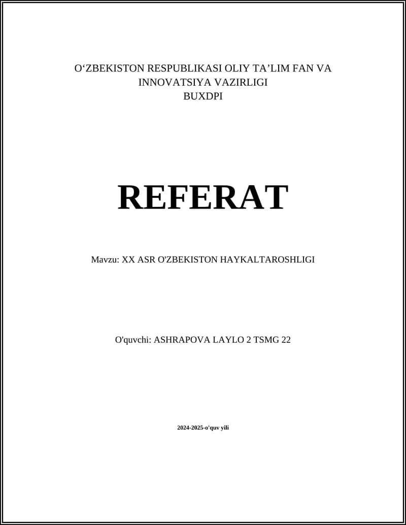 XX ASR O'ZBEKISTON HAYKALTAROSHLIGI