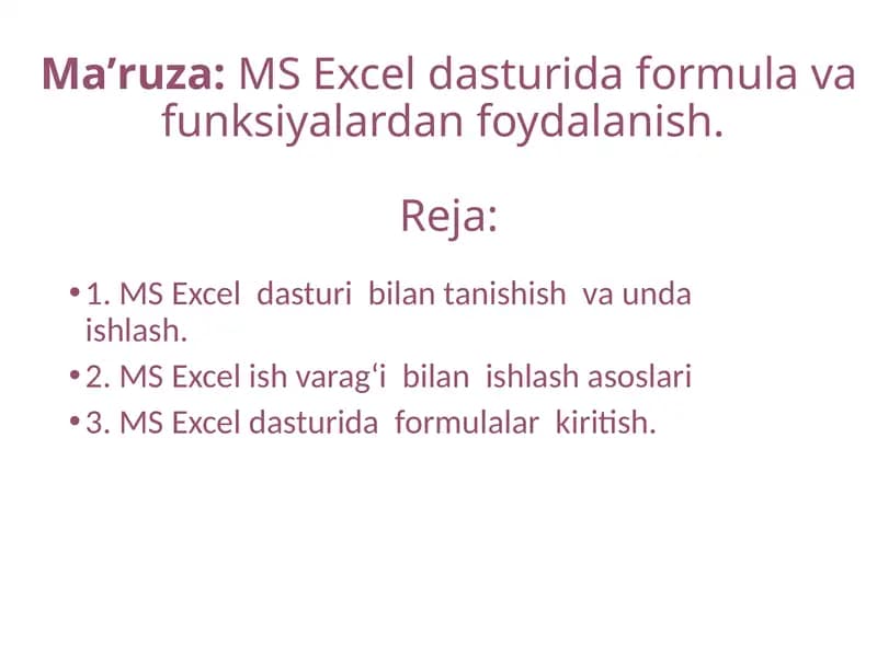MS Excel dasturida formulalar
