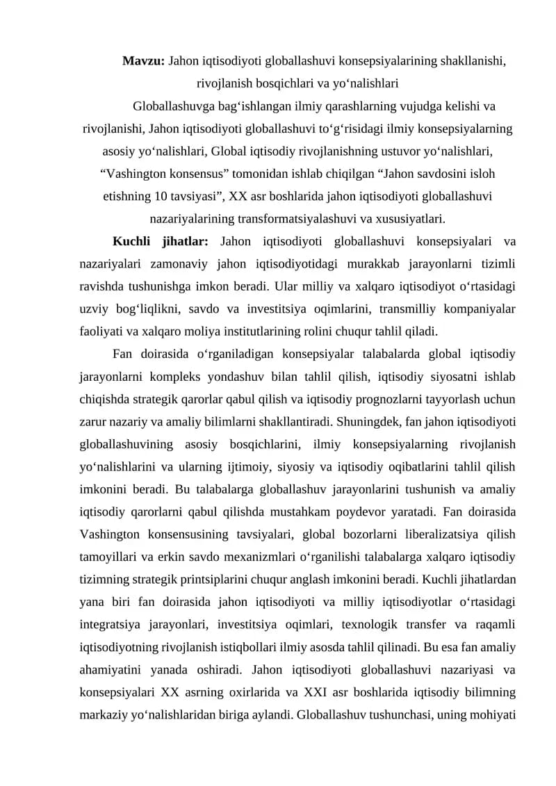Jahon iqtisodiyoti globallashuvi konsepsiyalari
