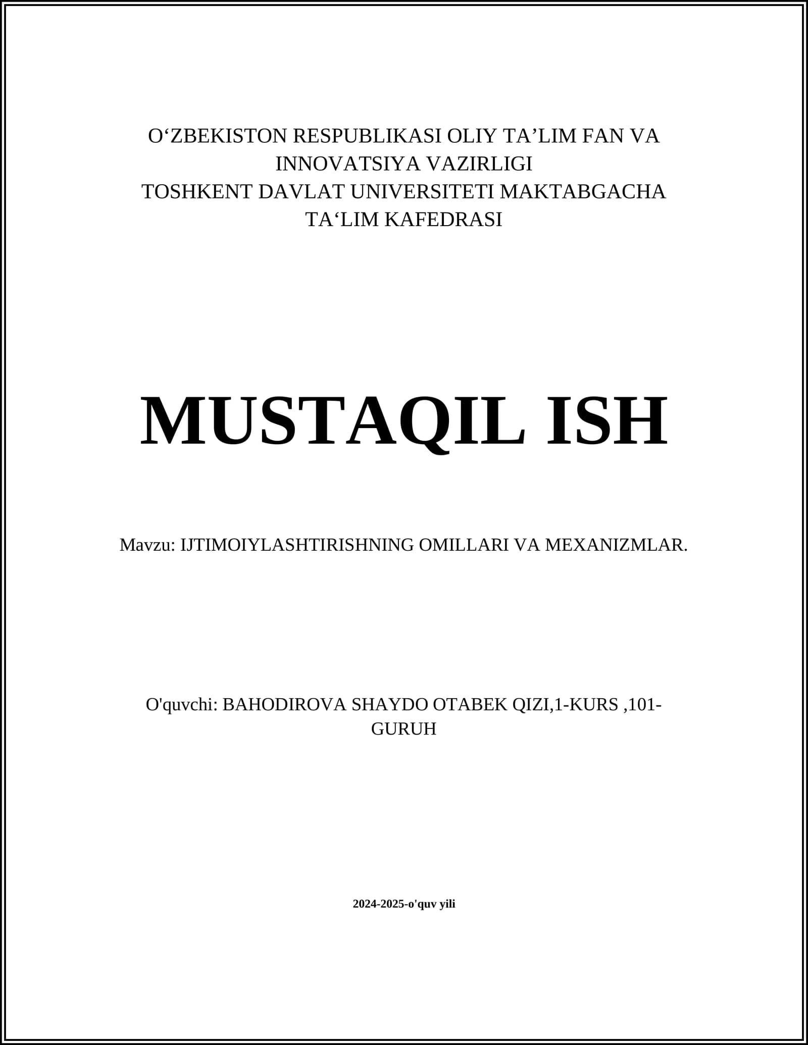 IJTIMOIYLASHTIRISHNING OMILLARI VA MEXANIZMLAR
