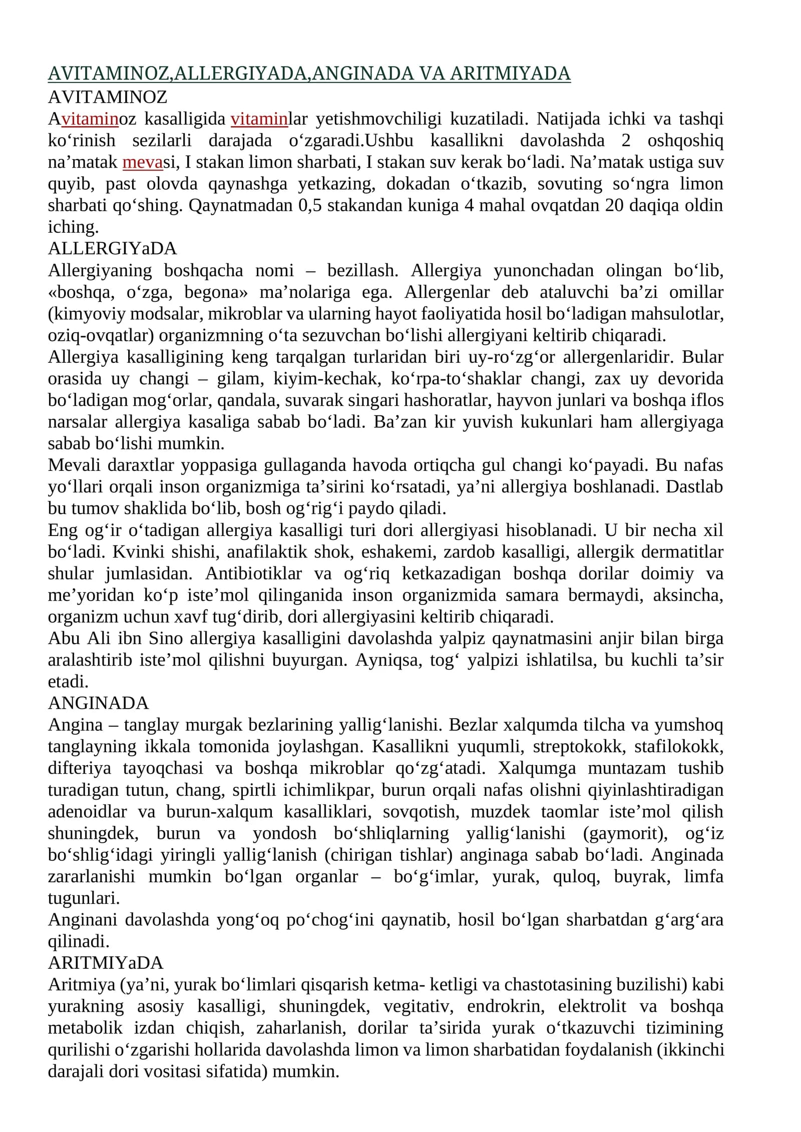 AVITAMINOZ, ALLERGIYADA, ANGINADA VA ARITMIYADA