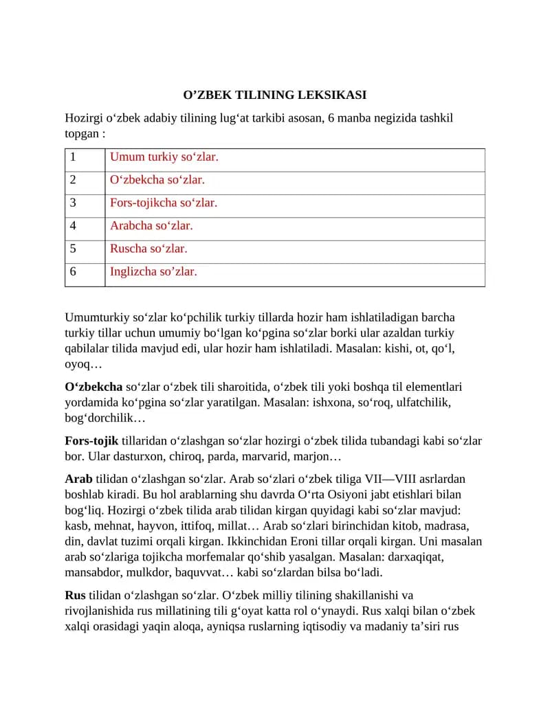 O’ZBEK TILINING LEKSIKASI