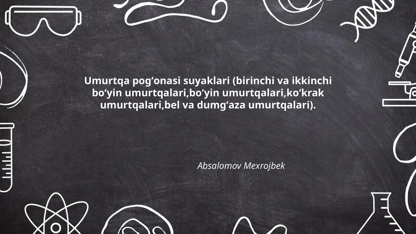 Umurtqa pogʻonasi suyaklari (birinchi va ikkinchi boʻyin umurtqalari,boʻyin umurtqalari,koʻkrak umurtqalari,bel va dumgʻaza umurtqalari)