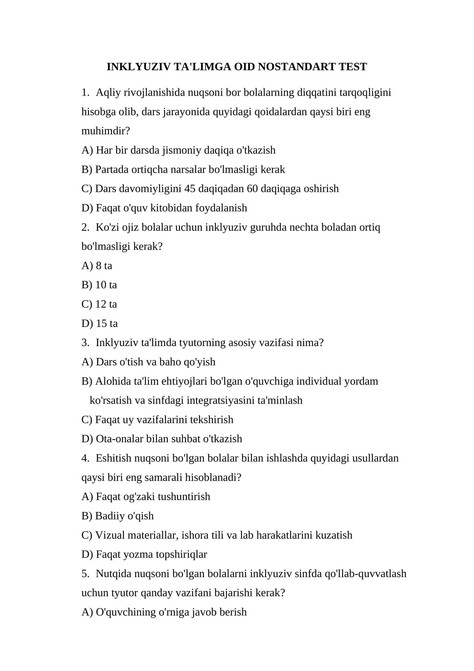 INKLYUZIV TA'LIMGA OID NOSTANDART TEST