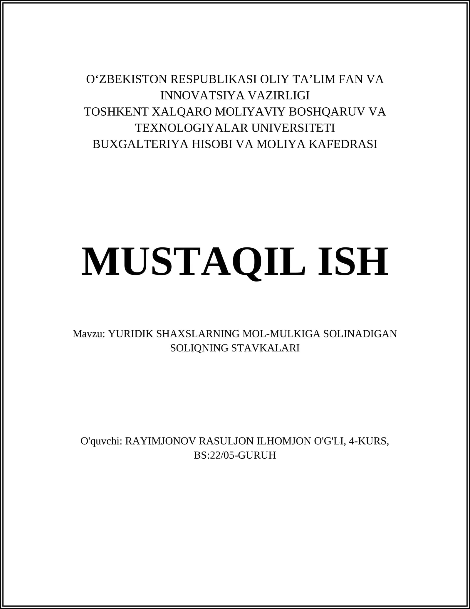 YURIDIK SHAXSLARNING MOL-MULKIGA SOLINADIGAN SOLIQNING STAVKALARI