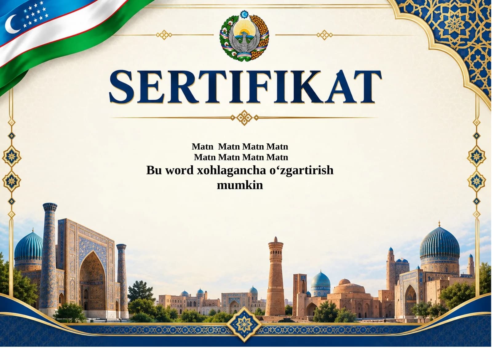 Sertifikat shablon blanka  Word formatda o‘zgartiriladigan