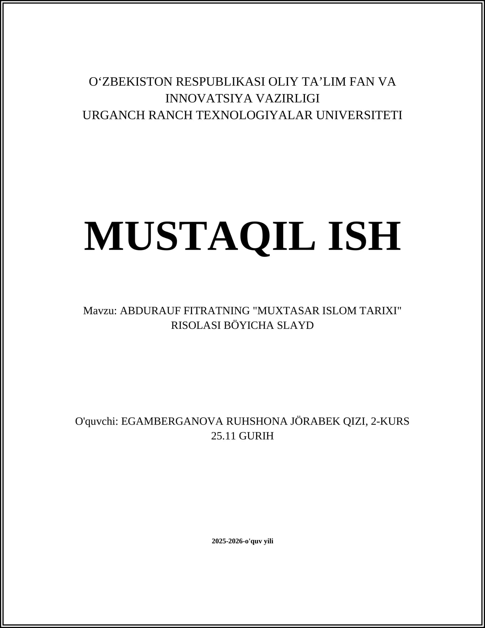 ABDURAUF FITRATNING "MUXTASAR ISLOM TARIXI" RISOLASI BÖYICHA SLAYD