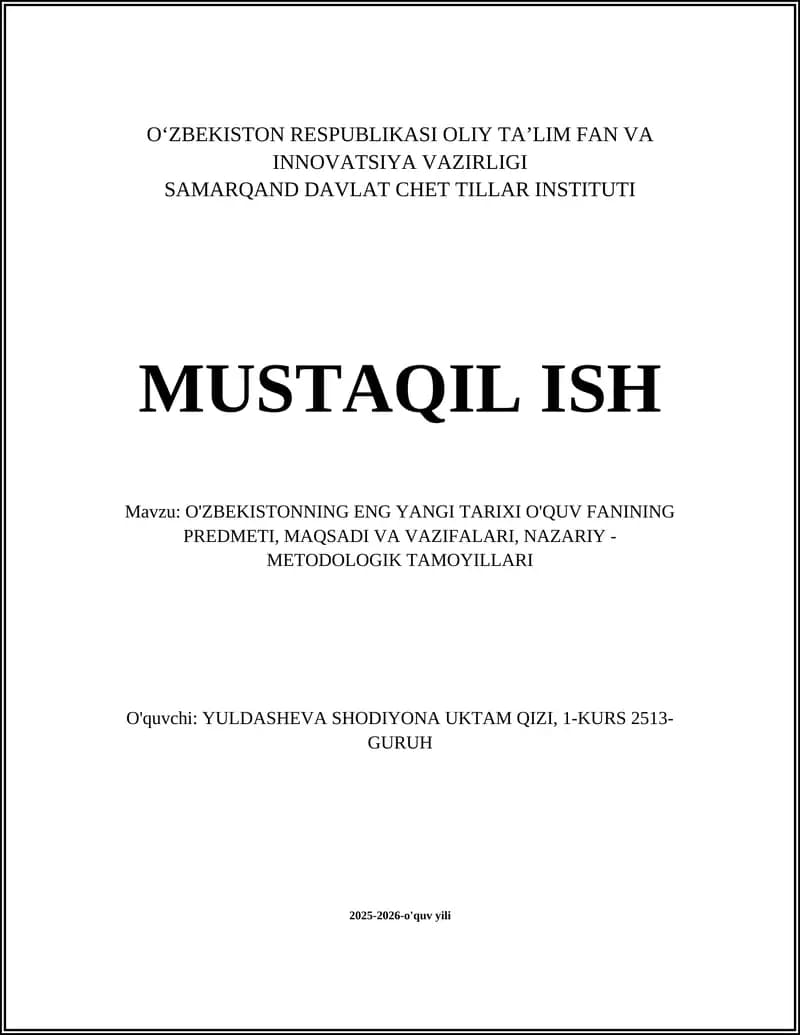 O'ZBEKISTONNING ENG YANGI TARIXI O'QUV FANI
