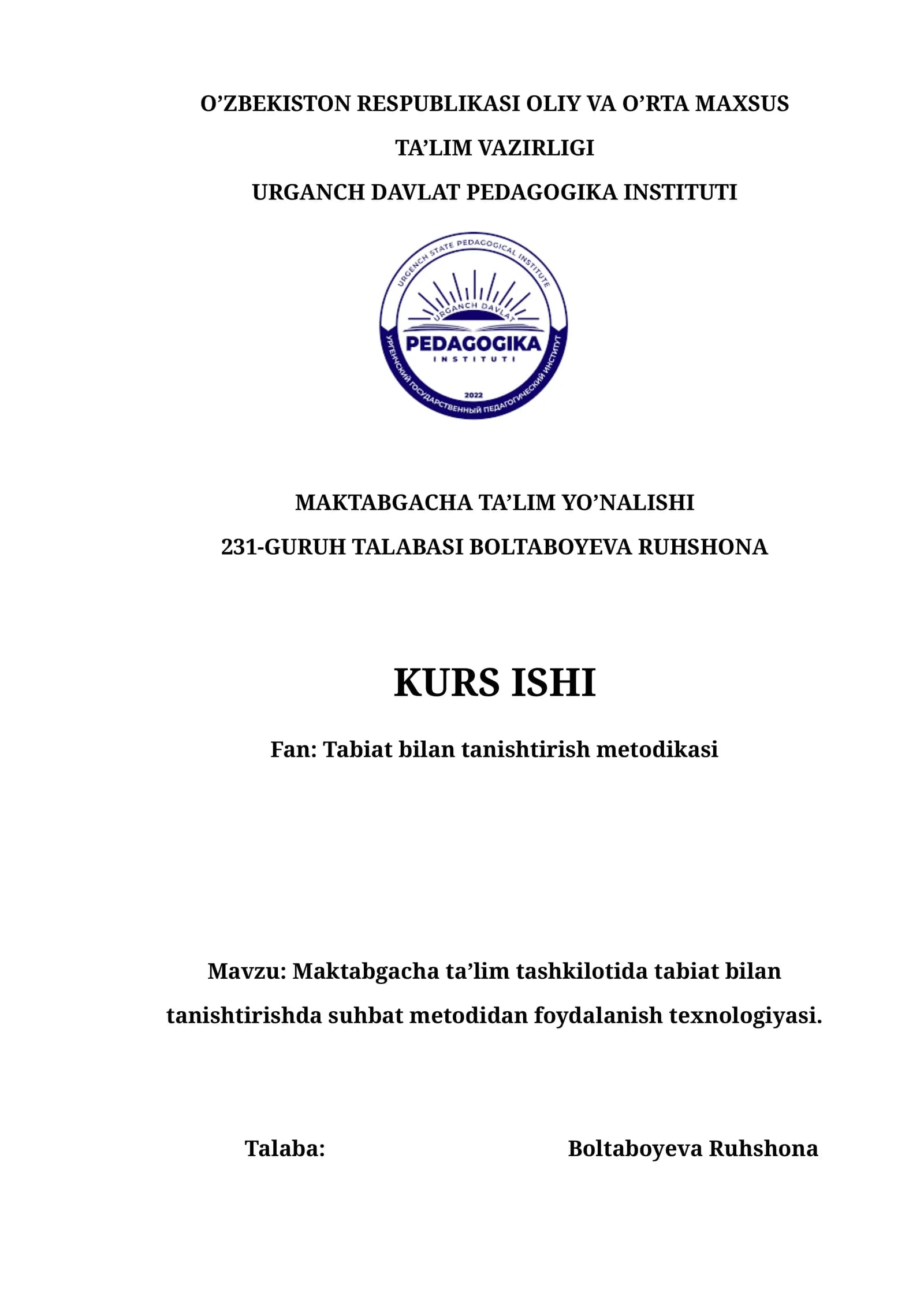 Maktabgacha taʼlim tashkilotida tabiat bilan tanishtirishda suhbat metodidan foydalanish texnologiyasi.