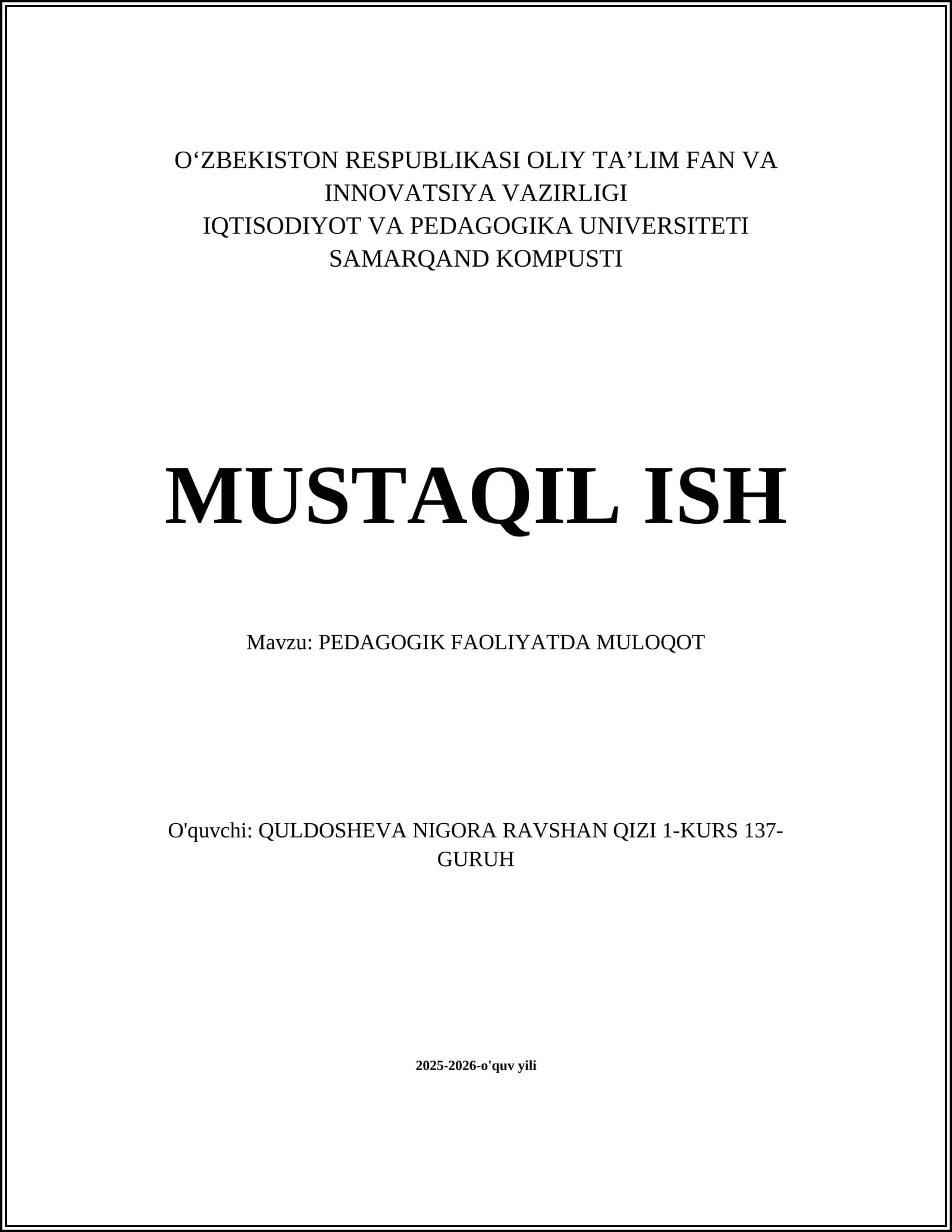 PEDAGOGIK FAOLIYATDA MULOQOT