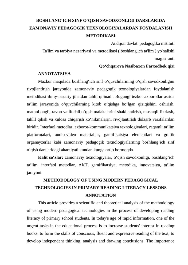 BOSHLANG‘ICH SINF O‘QISH SAVODXONLIGI DARSLARIDA ZAMONAVIY PEDAGOGIK TEXNOLOGIYALARDAN FOYDALANISH METODIKASI