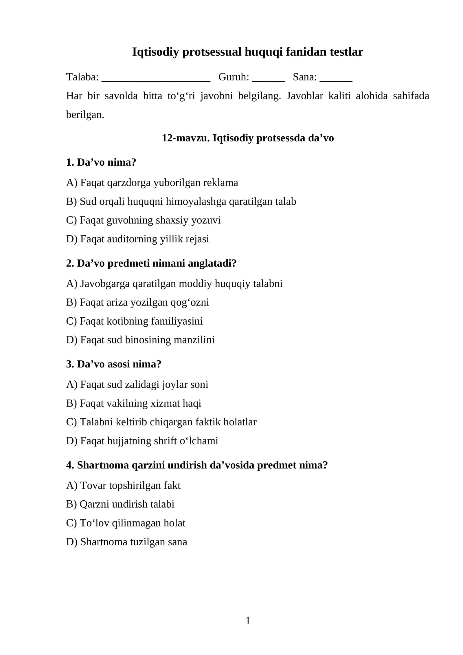 Iqtisodiy protsessda daʼvo TEST.