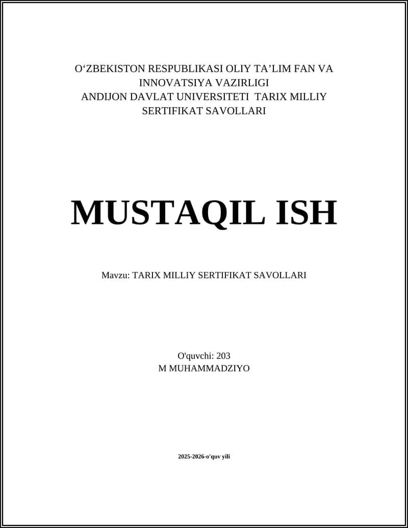 TARIX MILLIY SERTIFIKAT SAVOLLARI