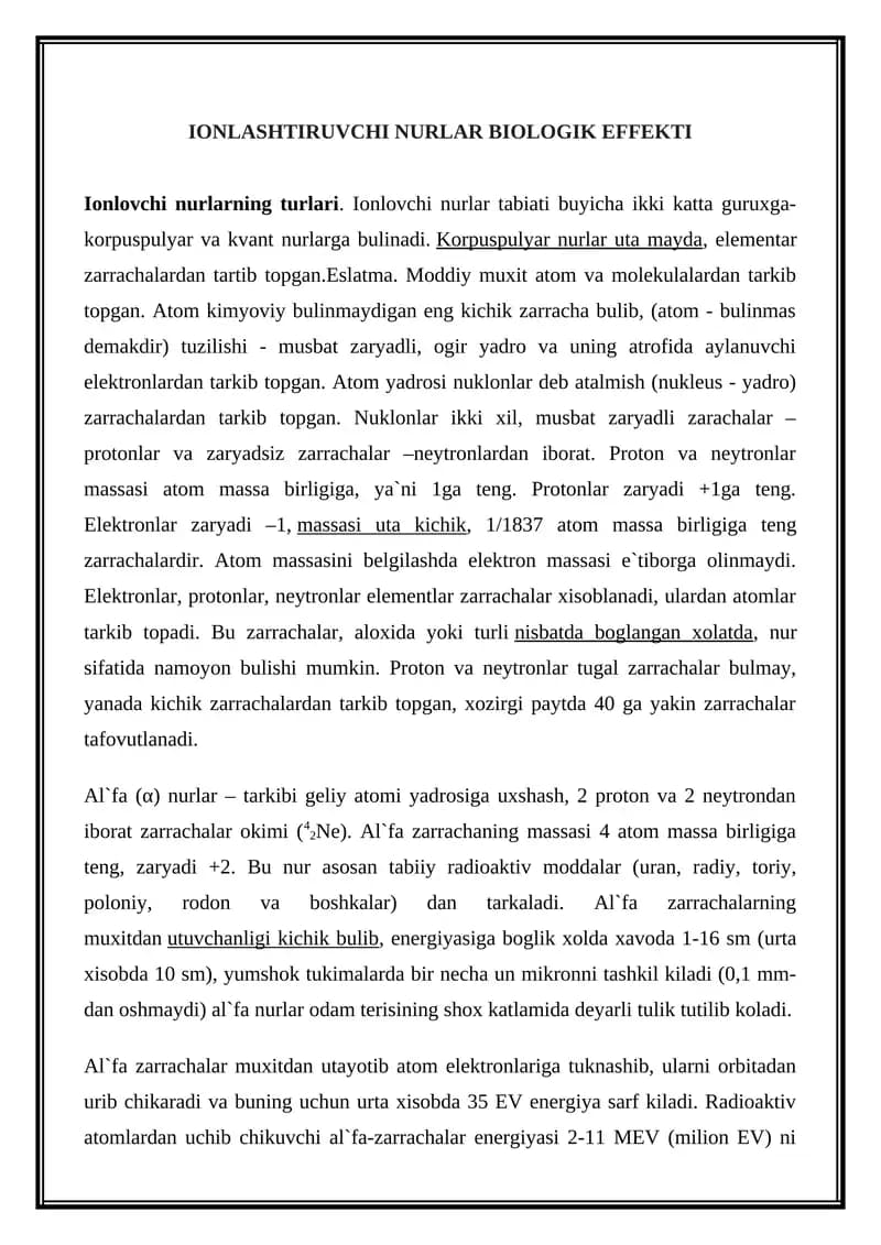 IONLASHTIRUVCHI NURLAR BIOLOGIK EFFEKTI