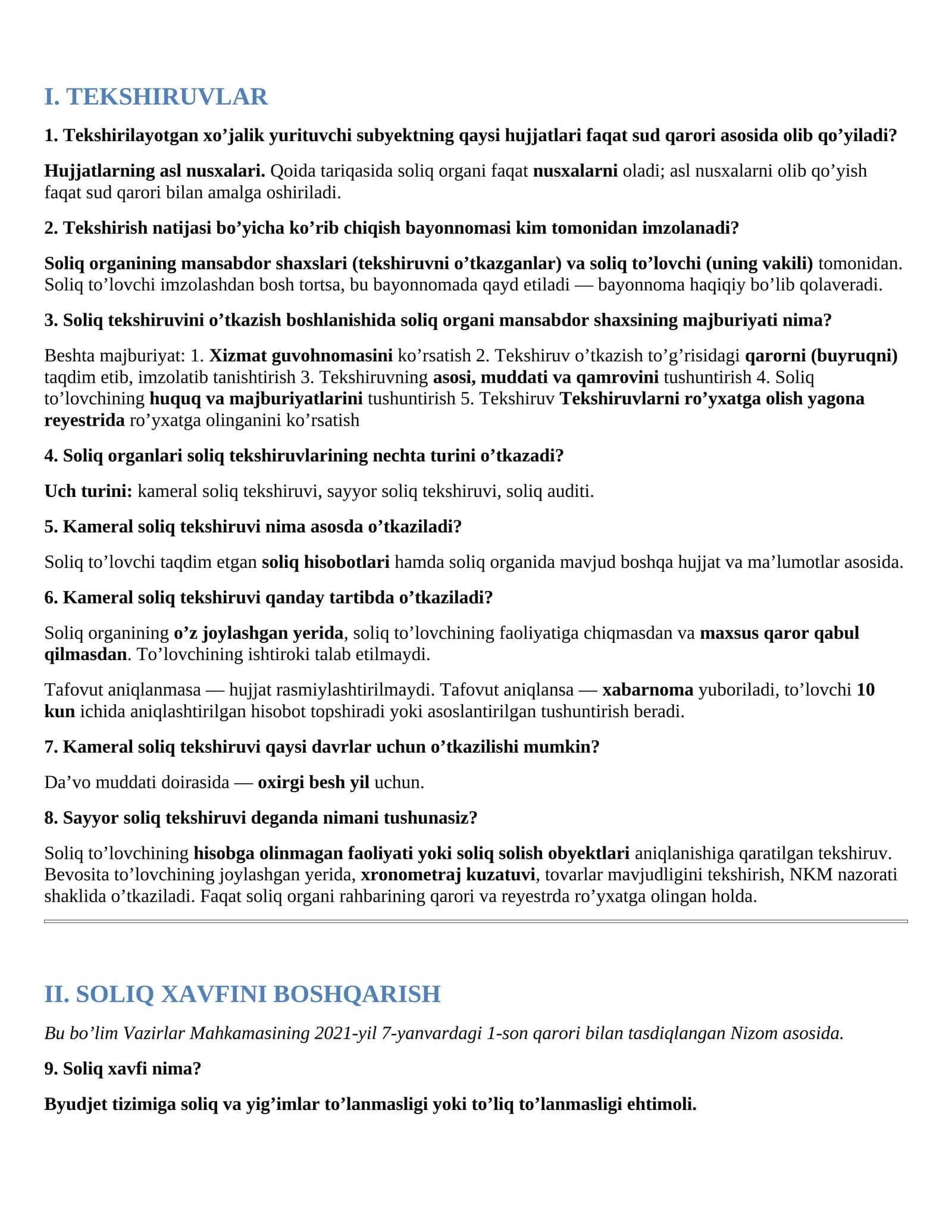 Soliq organlariga ishga kirish — suhbat savollari va javoblari  Soliq ishga kirish suhbat savollari va javoblari Soliq xodimi lavozimi uchun suhbat savollari  Soliq organlari uchun test va suhbat savollari  Soliq inspeksiyasiga ishga kirish savollari va javoblari  Soliq qo‘mitasi — ishga qabul suhbatiga tayyorgarlik