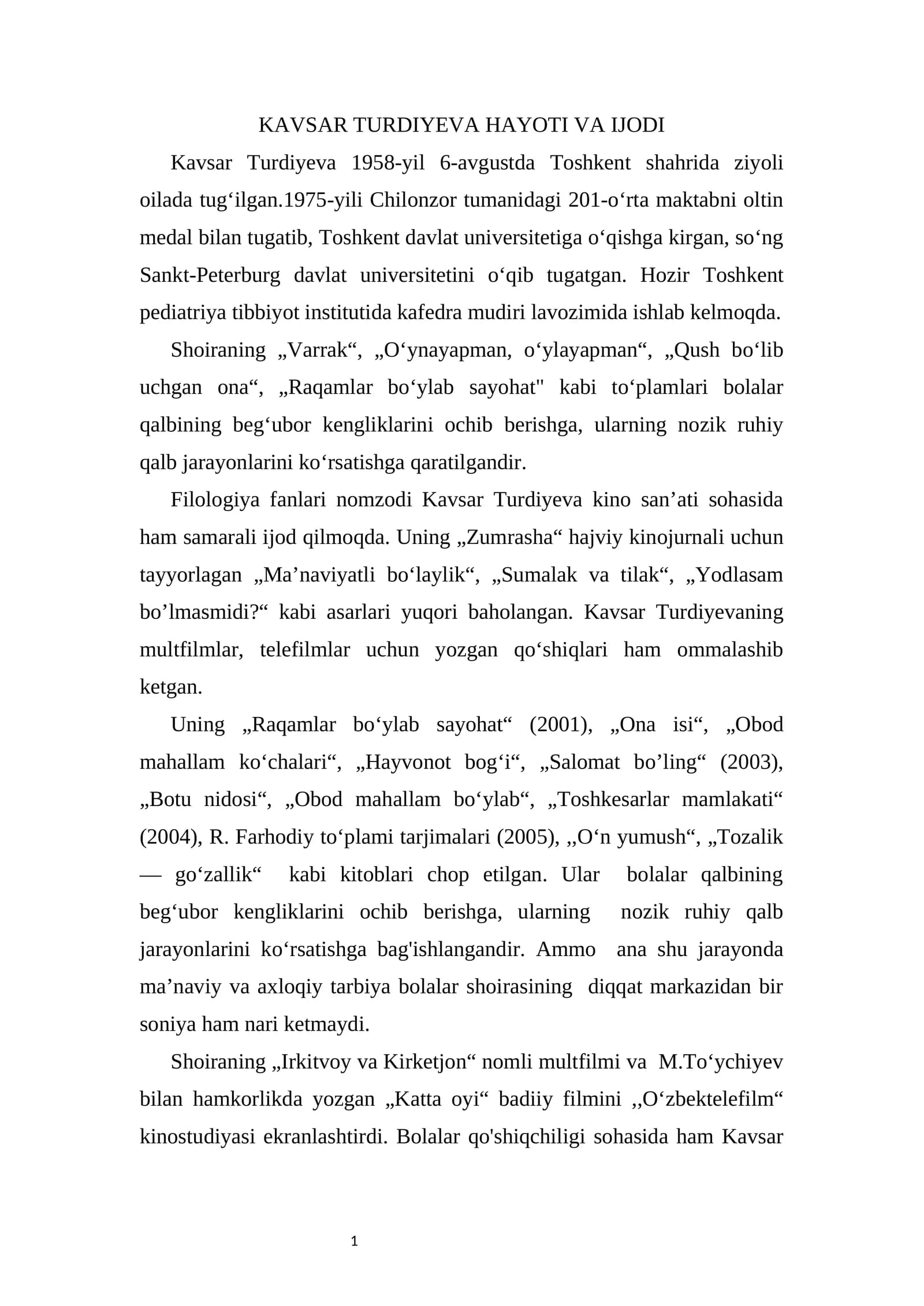 KAVSAR TURDIYEVA HAYOTI VA IJODI